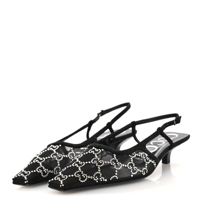 Gucci Tela Retino Kid Scamosciato Crystal GG Monogram Square G 35mm Slingback Pumps 38.5 Black 4 of 10