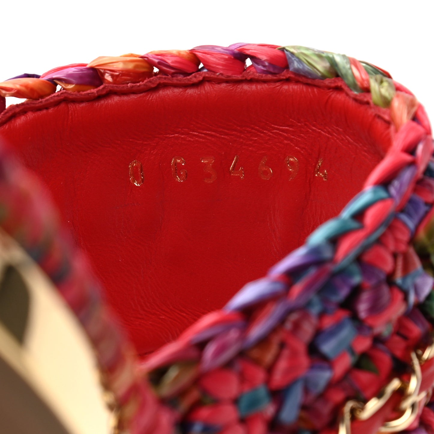 Raffia Lambskin Woven Chain CC Toe Ring Sandals 38.5 Red Multicolor