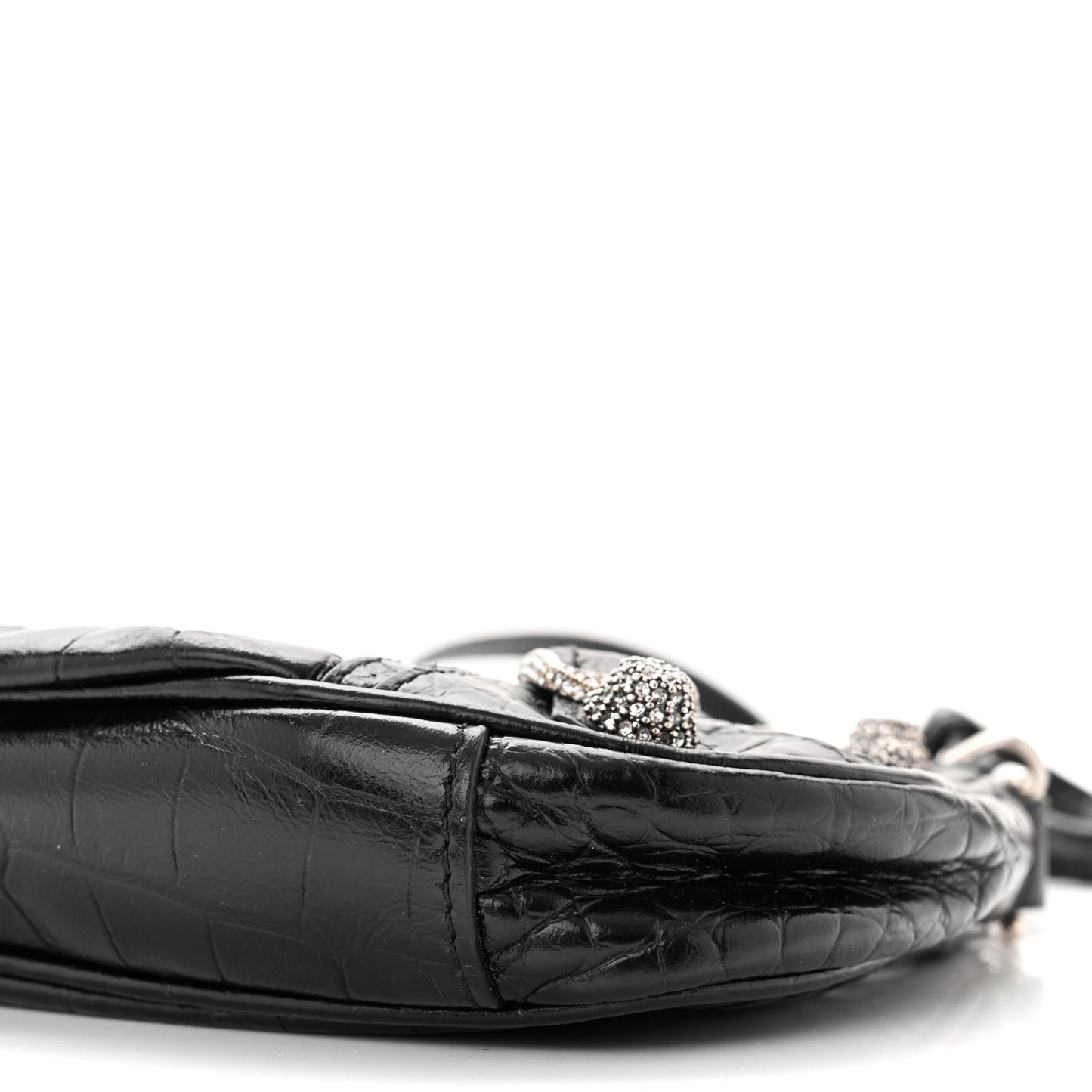 Extra Supple Calfskin Crystal Crocodile Embossed Le Cagole Mini Purse With Chain Black