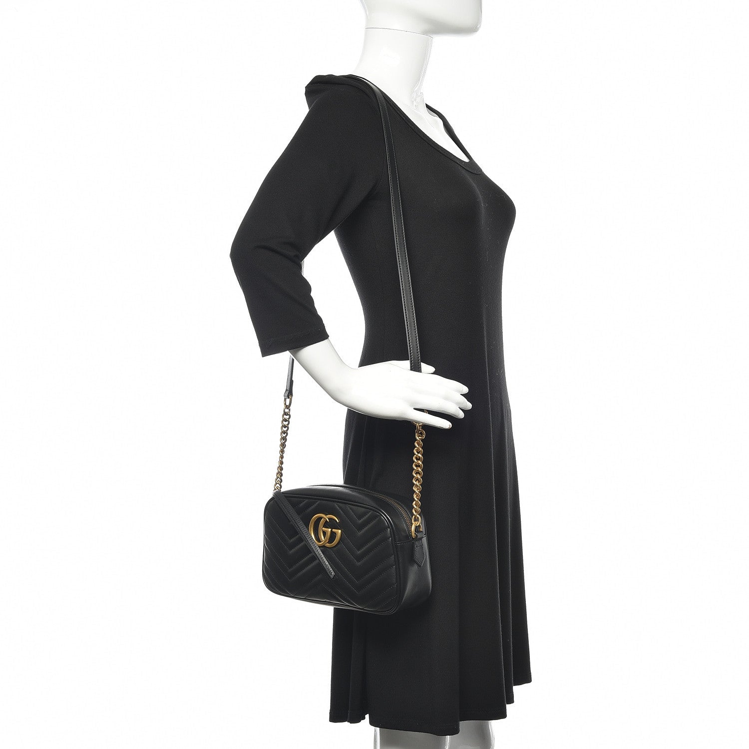 Gucci Calfskin Matelasse Small GG Marmont Chain Shoulder Bag Black 2 of 11