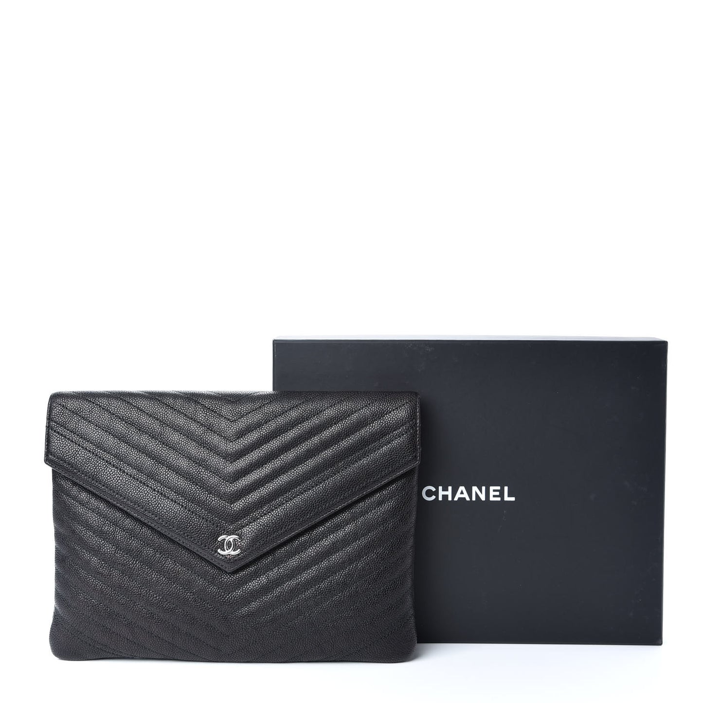 Calfskin Chevron Quilted Small Envelope Clutch Black