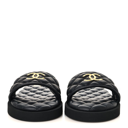Chanel Lambskin Quilted Textured CC Mules Sandals 39 Black 3 of 10