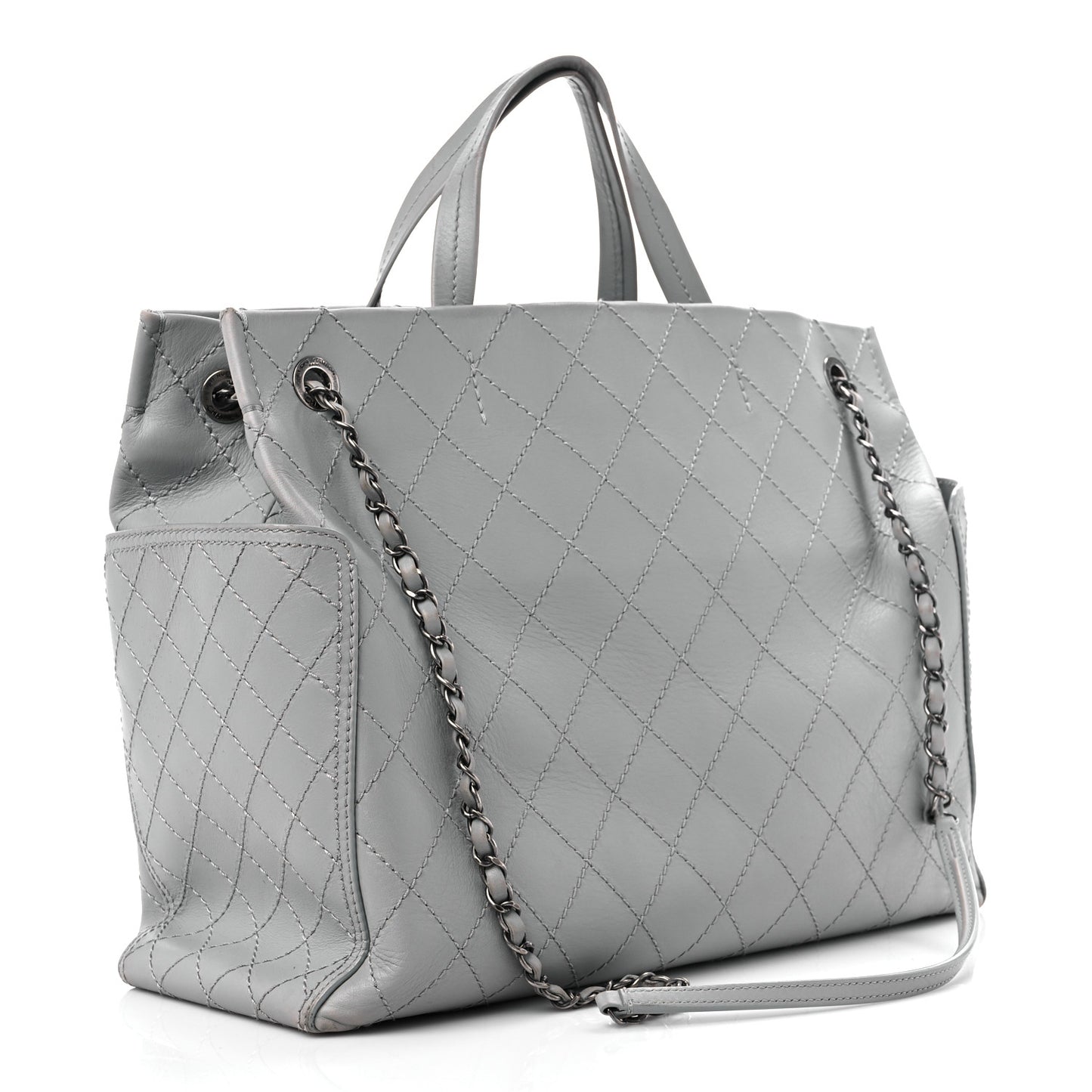 Grained Calfskin Small CC Pocket Tote Grey