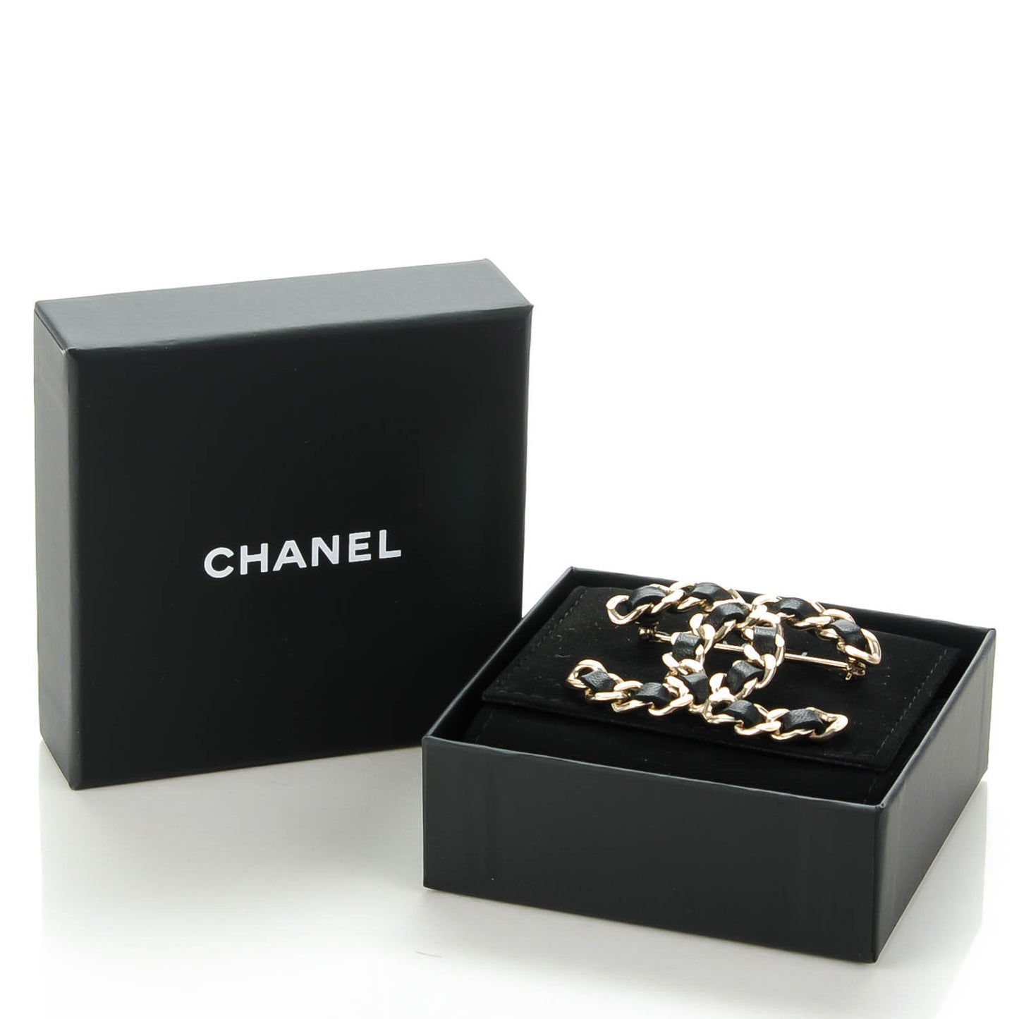 Lambskin Chain CC Brooch Black Gold