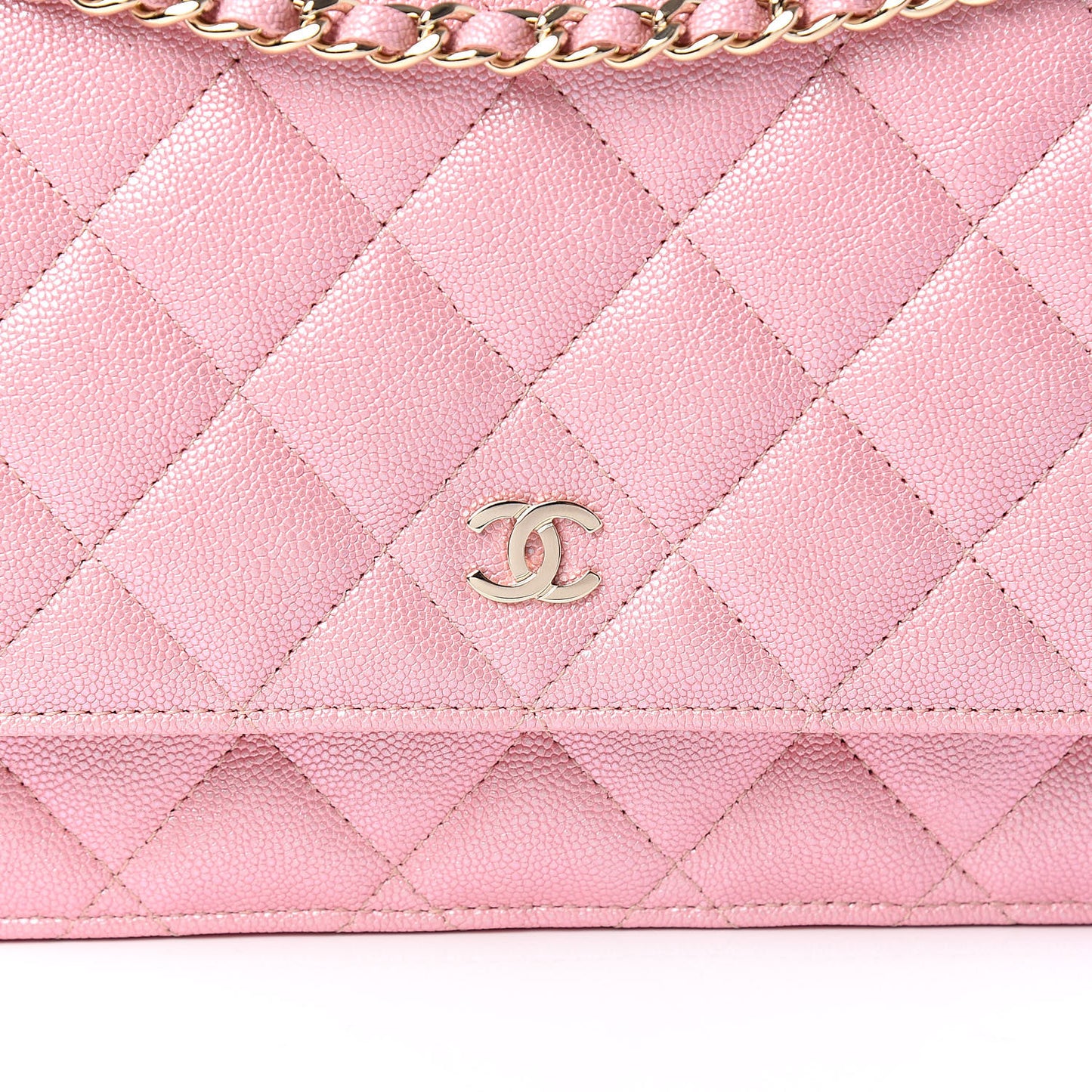 Iridescent Caviar Quilted Wallet on Chain WOC Rose Pink
