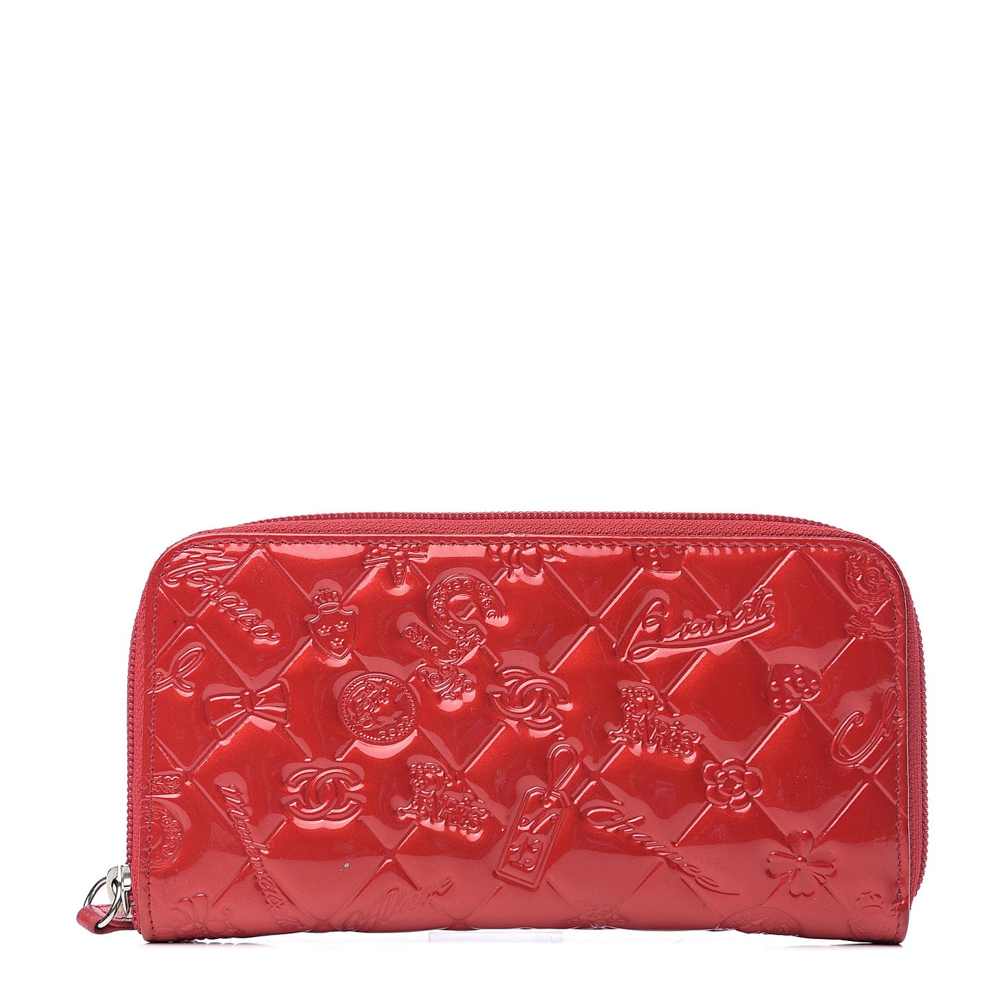 Patent Calfskin Lucky Symbols Zip Around Wallet Red