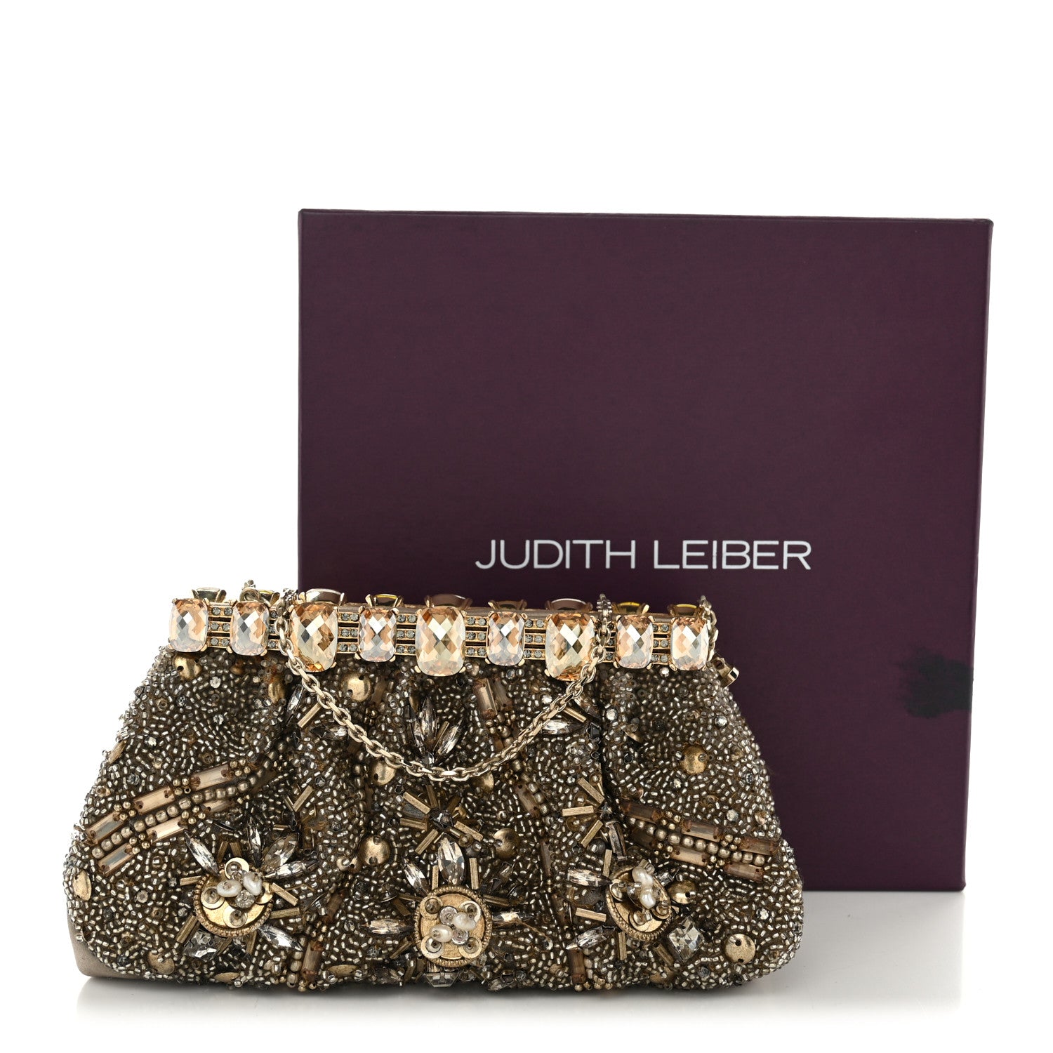 Judith Leiber Satin Beaded Crystal Evening Clutch Gold 11 of 11