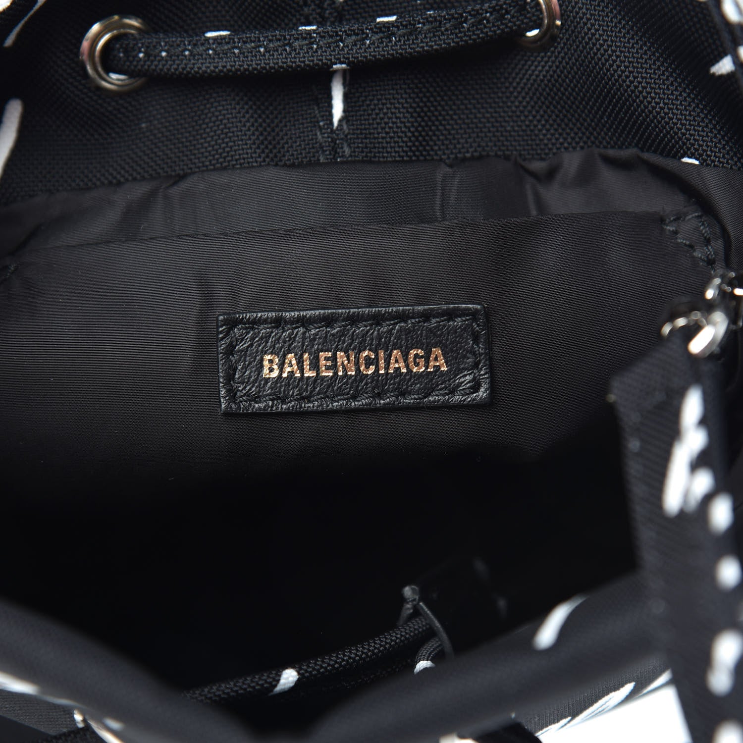Balenciaga Recycled Sport Nylon Scribble Logo Embroidered Wheel Drawstring Bucket Bag XS Black White 6 of 8