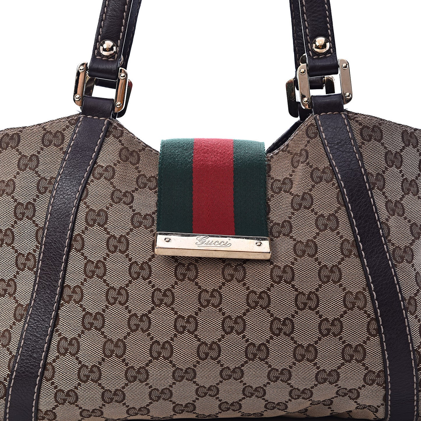 Monogram Medium New Ladies Web Tote Dark Brown
