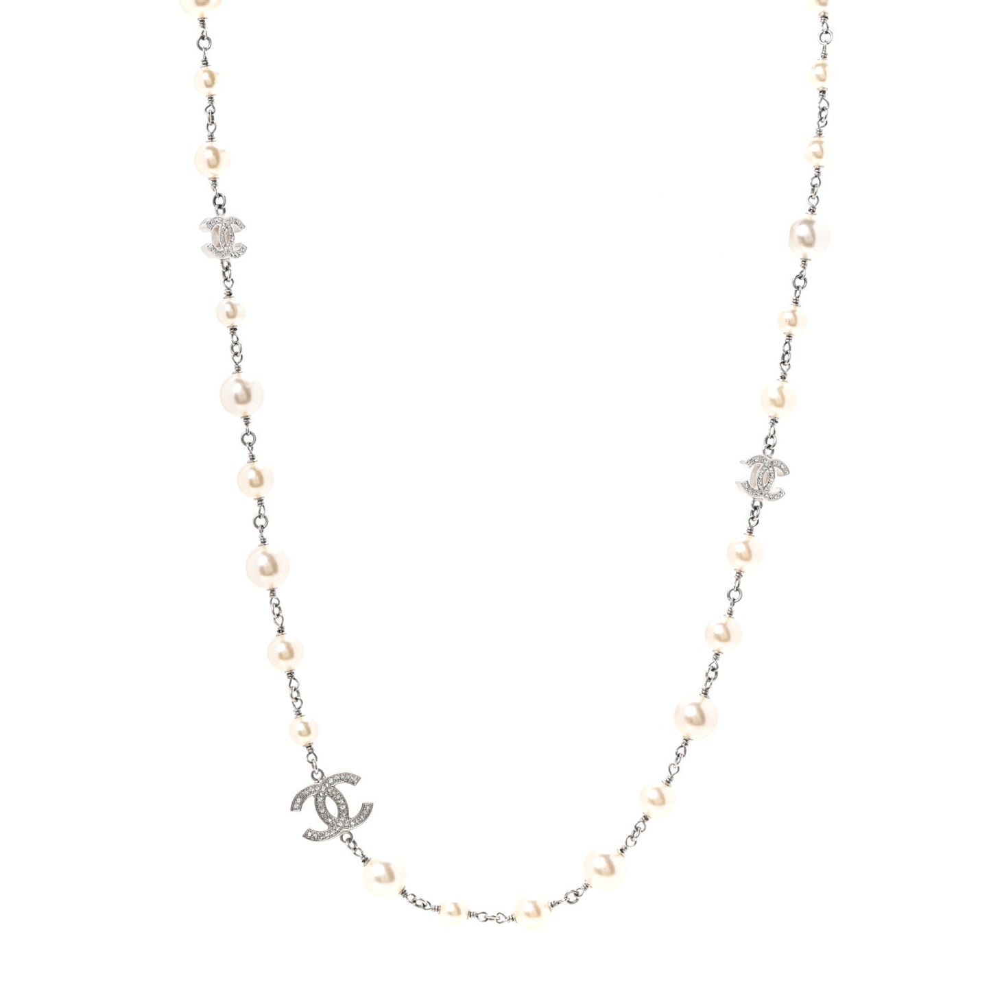 Crystal Pearl CC Long Necklace Silver