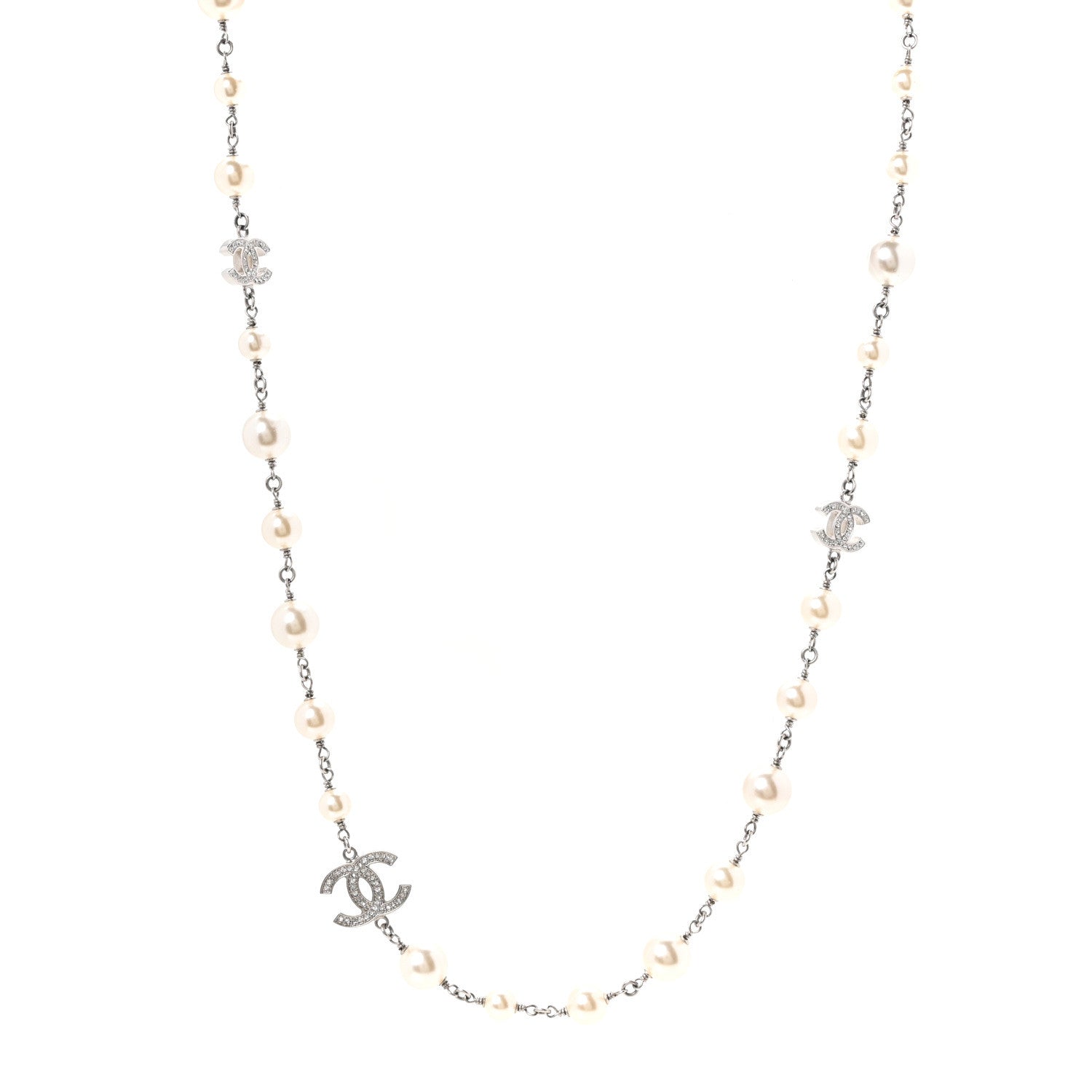 Chanel Crystal Pearl CC Long Necklace Silver 1 of 4