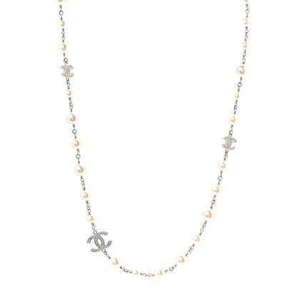 Chanel Crystal Pearl CC Long Necklace Silver 1 of 4