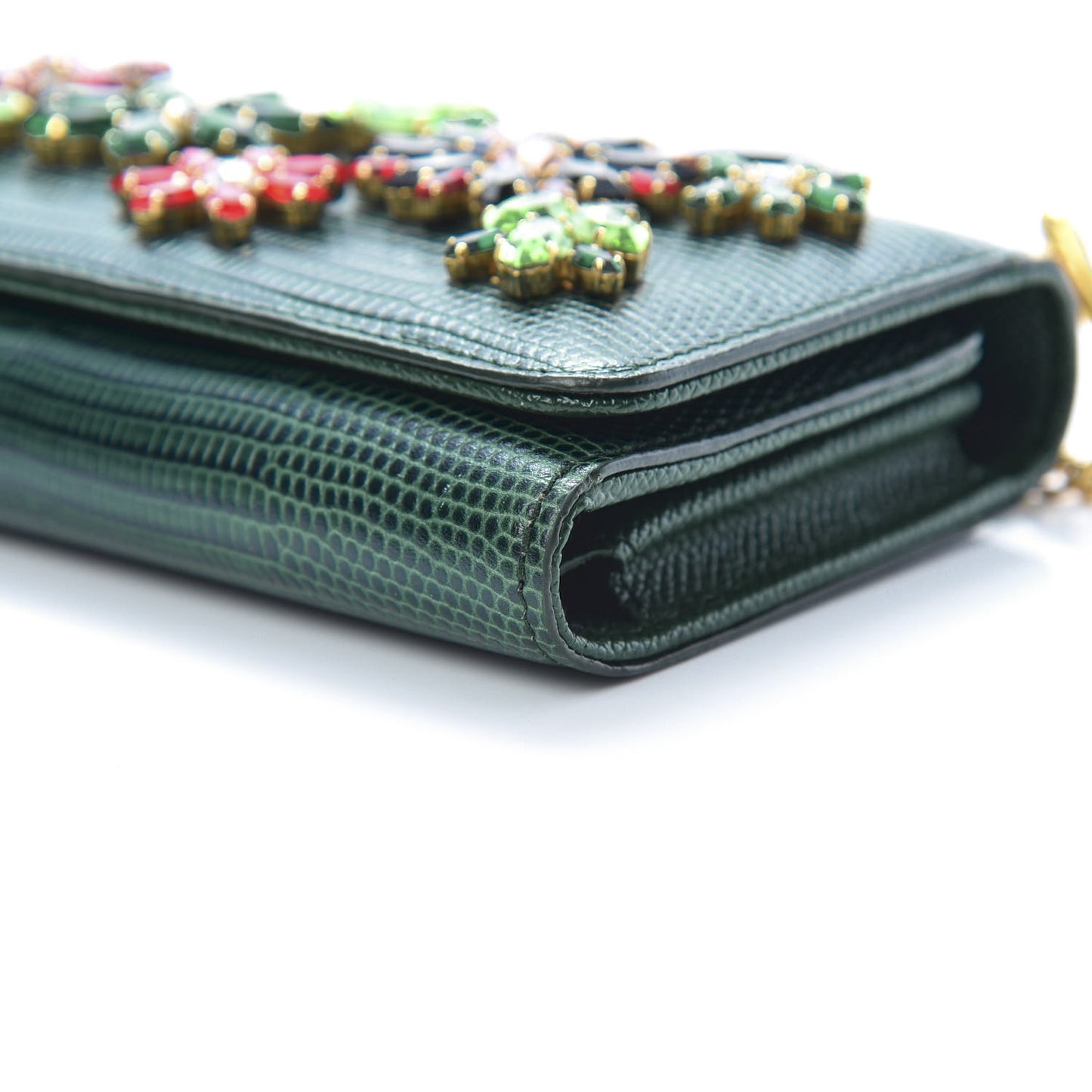 Lizard Calfskin Embossed Crystal Wallet On Chain Green