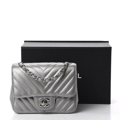 Chanel Metallic Caviar Chevron Quilted Mini Square Flap Silver 11 of 11