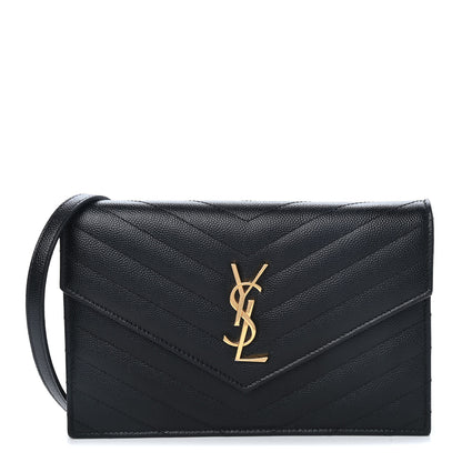 Saint Laurent Grain De Poudre Matelasse Chevron Monogram Envelope Chain Wallet Black 1 of 4