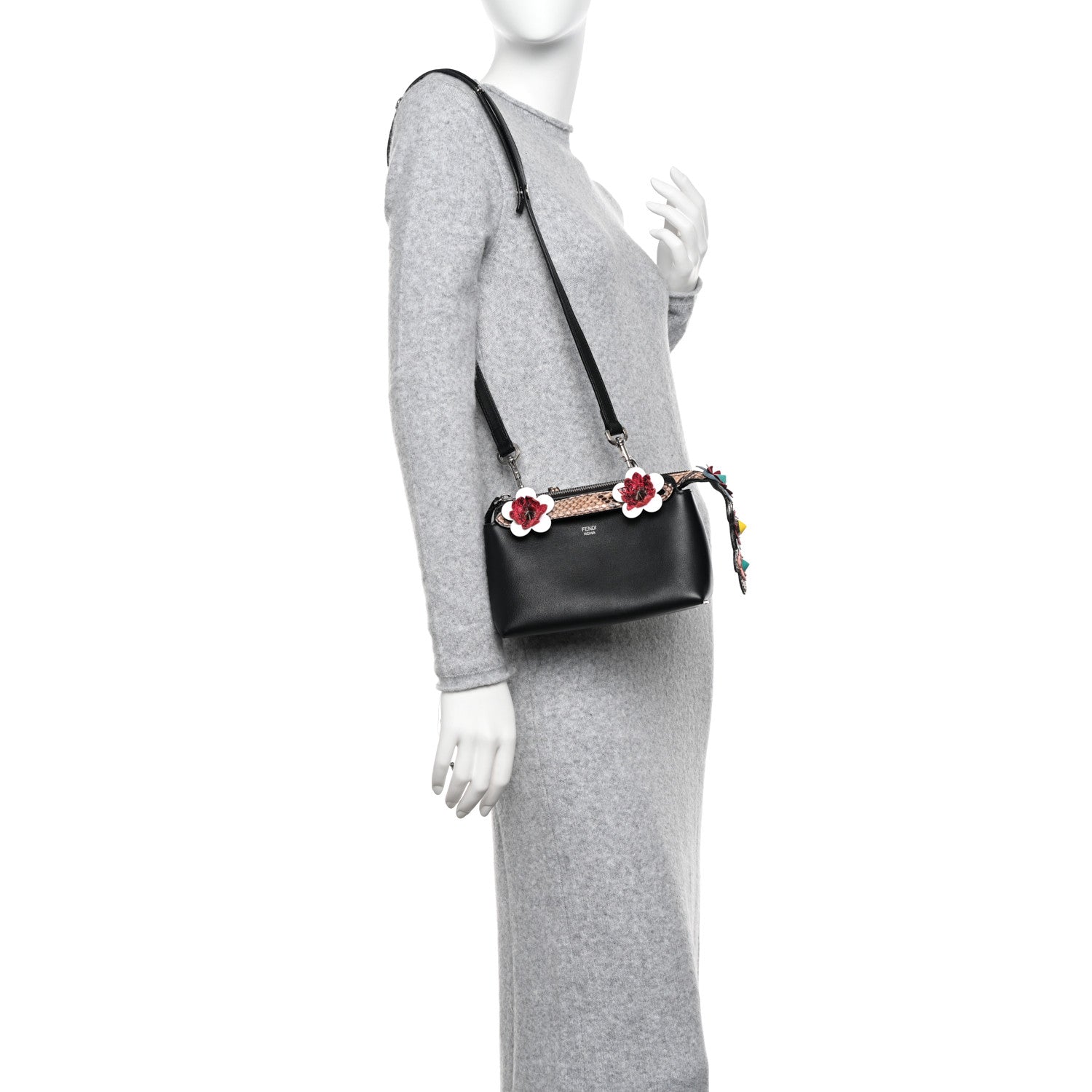 Fendi Vitello Dolce Snakeskin Nappa Croc Tail Flowerland Studded Mini By The Way Boston Bag Black Natural Multicolor 2 of 10