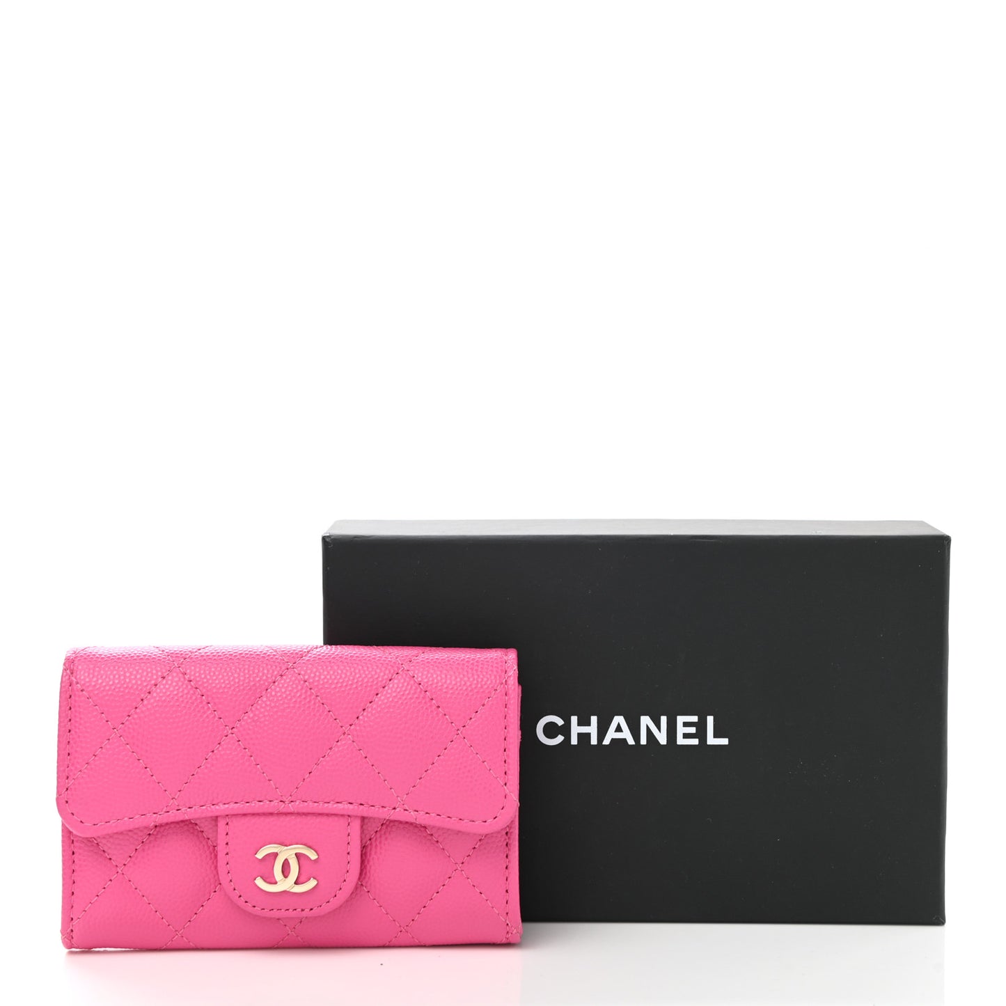 Caviar Quilted Flap Card Holder Wallet Dark Pink