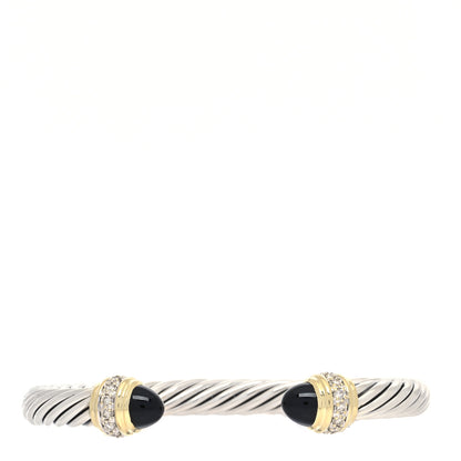 David Yurman Sterling Silver 18K Yellow Gold Diamond Black Onyx 7mm Cabochon Cable Classics Bracelet 1 of 4