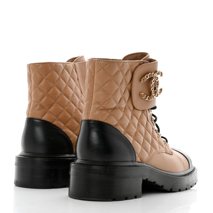 Chanel Lambskin Calfskin Quilted Lace Up Combat Boots 39.5 Light Brown Black 4 of 9