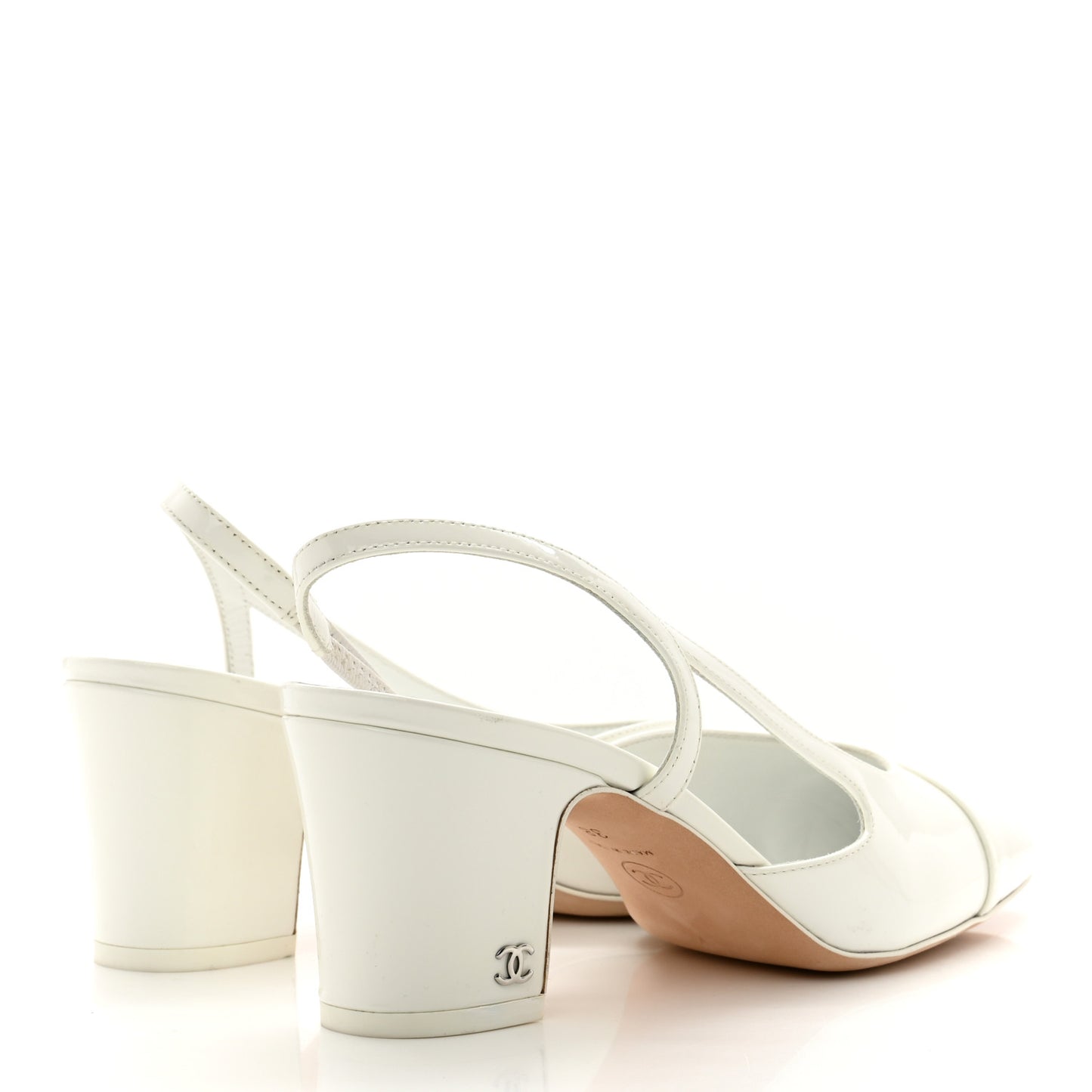 Patent Calfskin Cap Toe CC Slingback Pumps 38 White