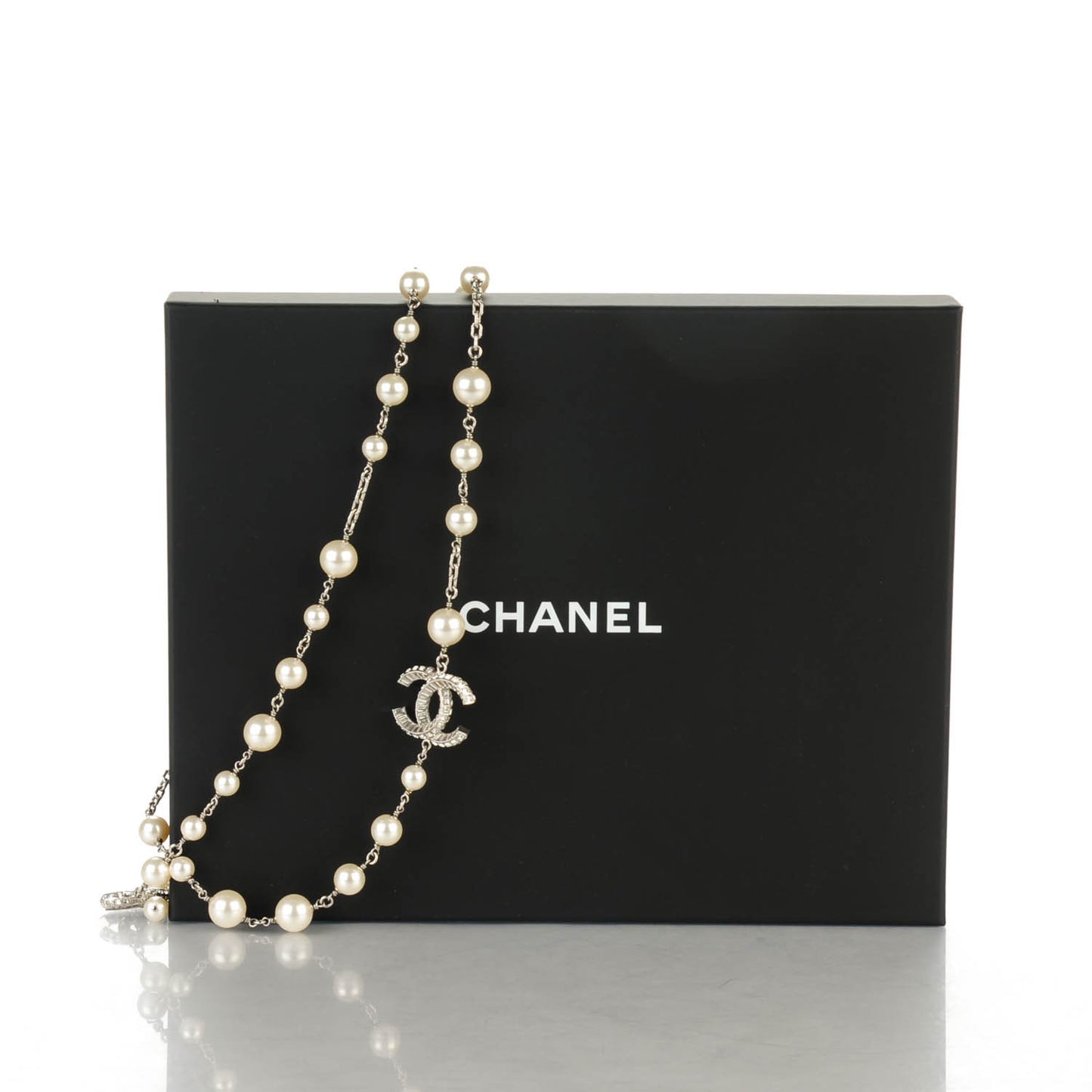 Pearl Baguette Crystal CC Long Necklace Silver