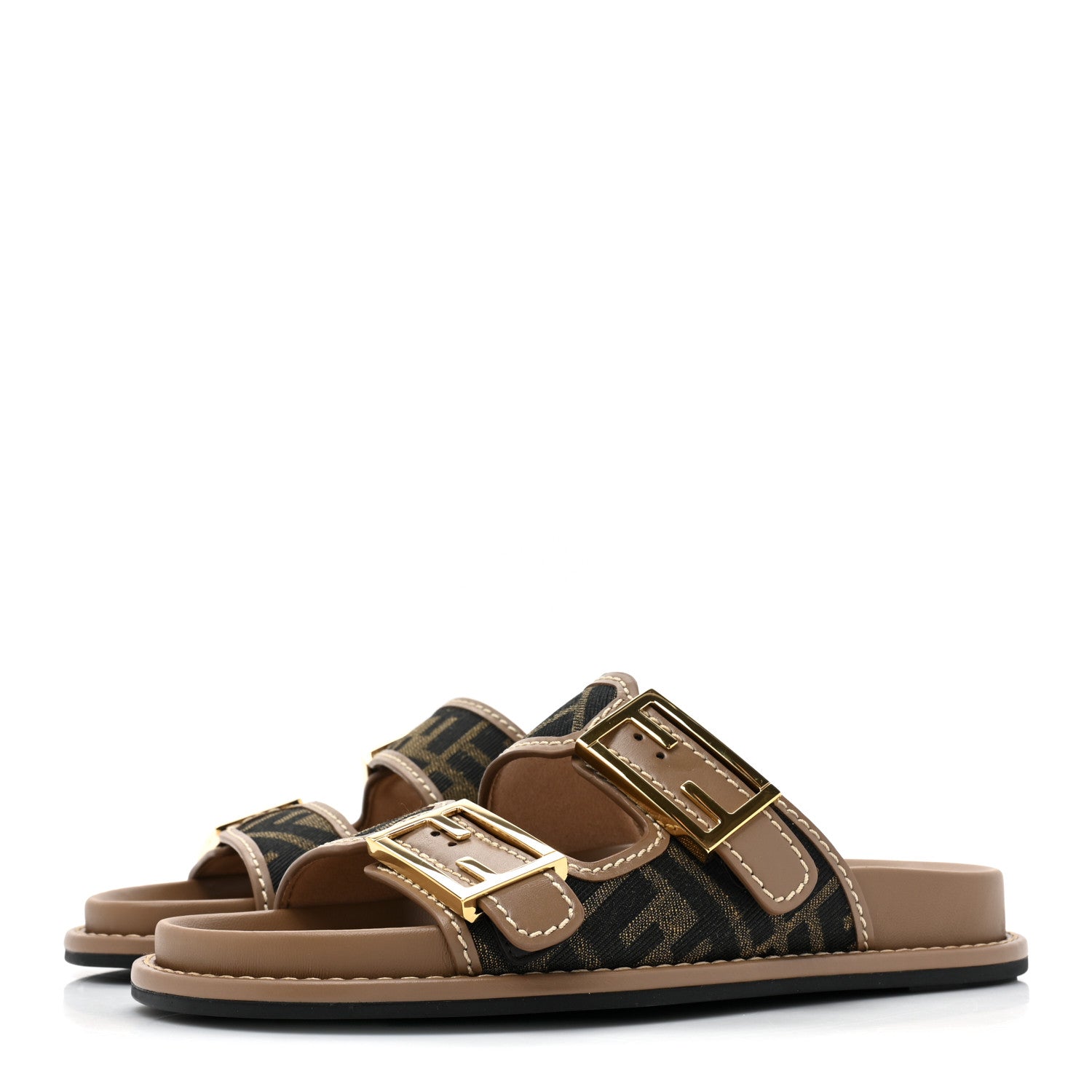 Fendi Fabric Jacquard Nappa FF Womens Fendi Feel Buckled Slide Sandals 35 Tobacco Black Miele Scuro 3 of 8