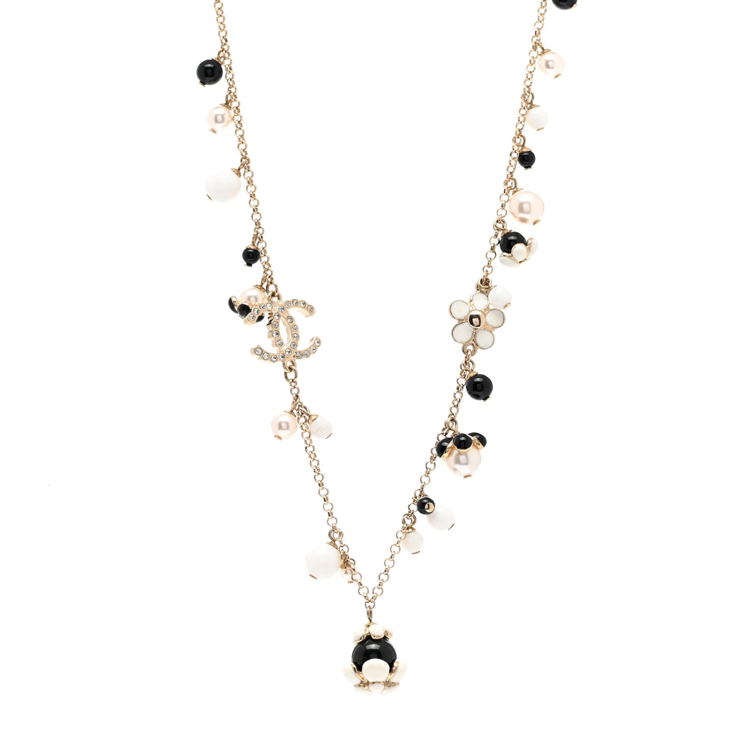 Chanel Pearl Bead Crystal CC Necklace Gold Black White 1 of 6