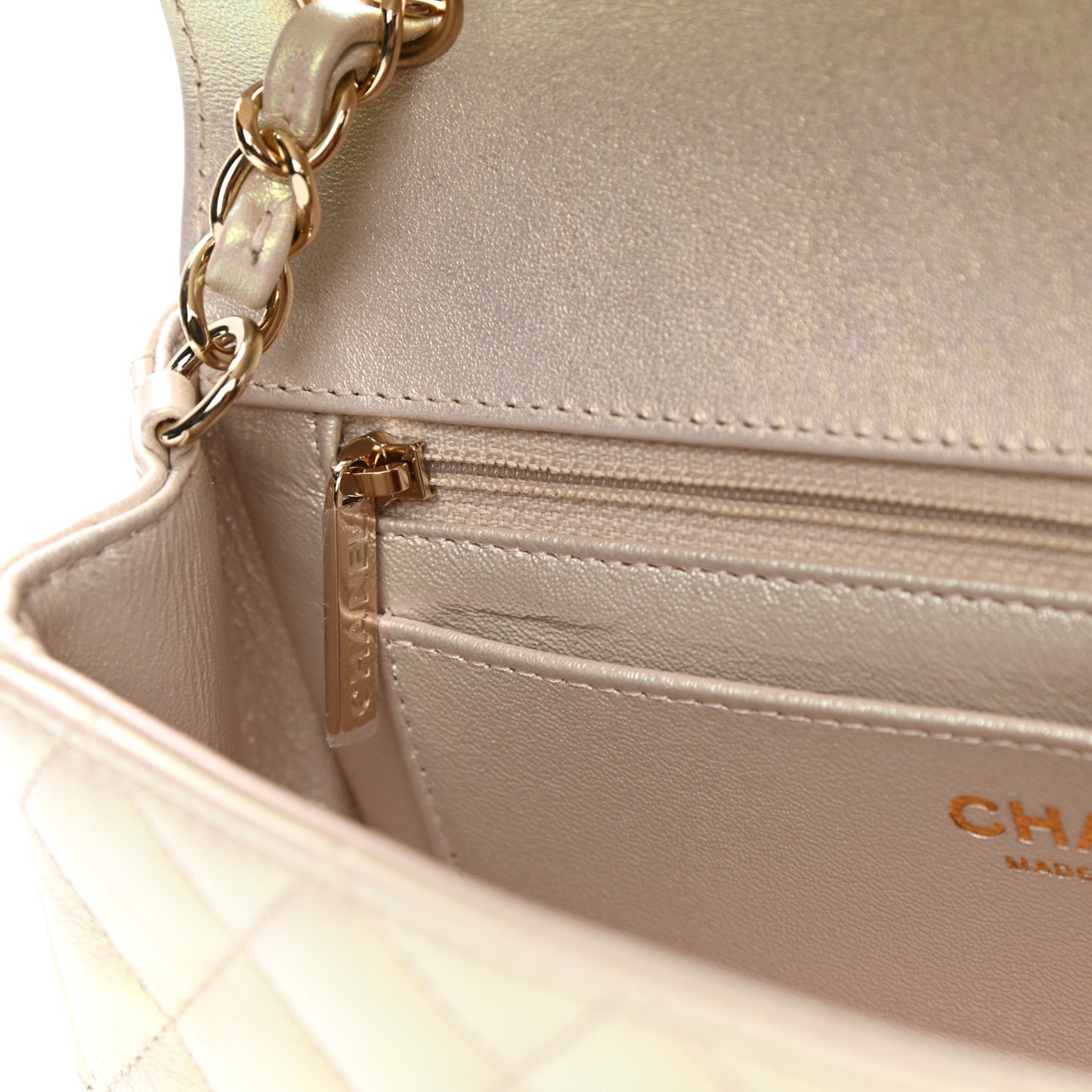Iridescent Lambskin Quilted Mini Rectangular Flap Ivory