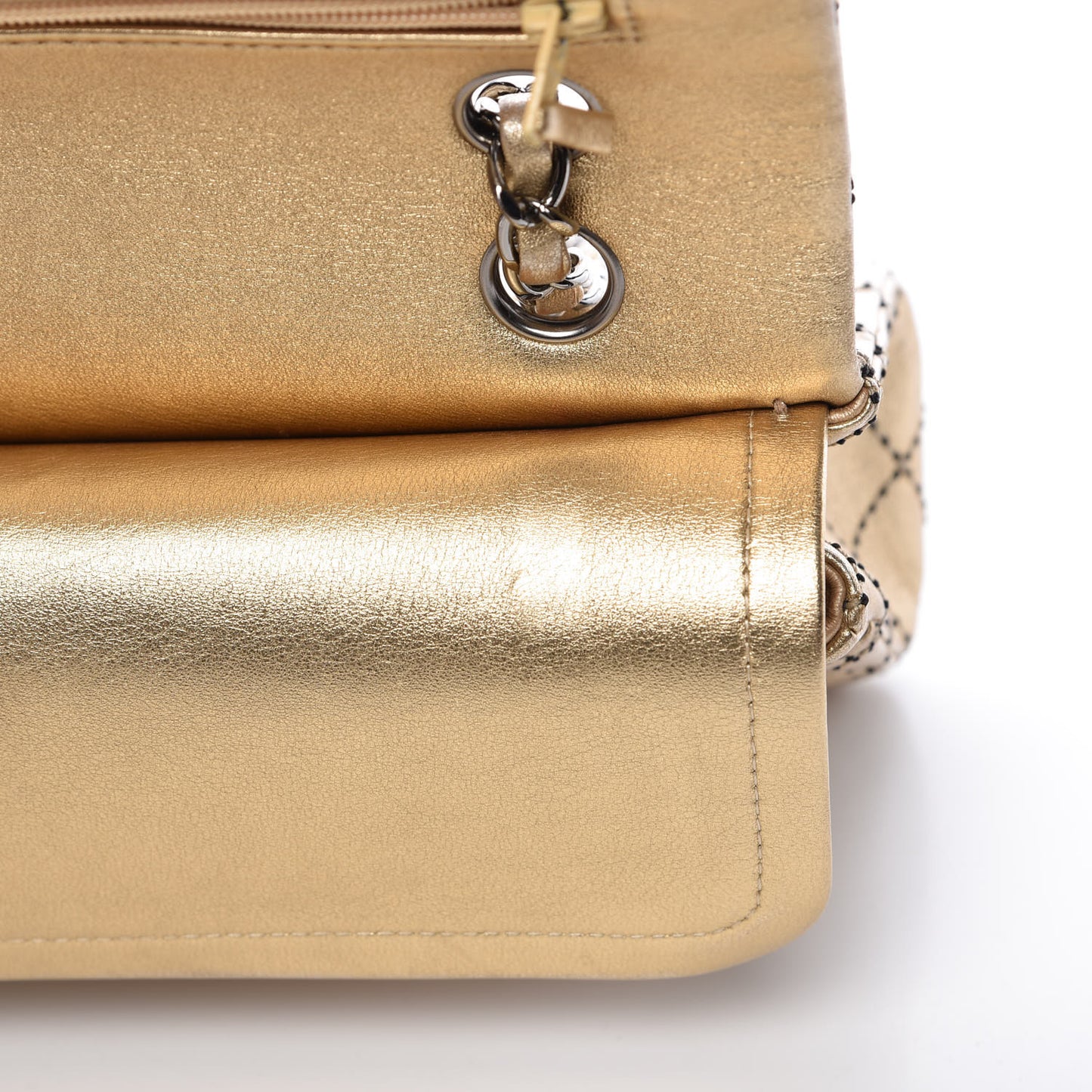 Metallic Washed Lambskin Quilted Medium Double Flap Dark Gold Black