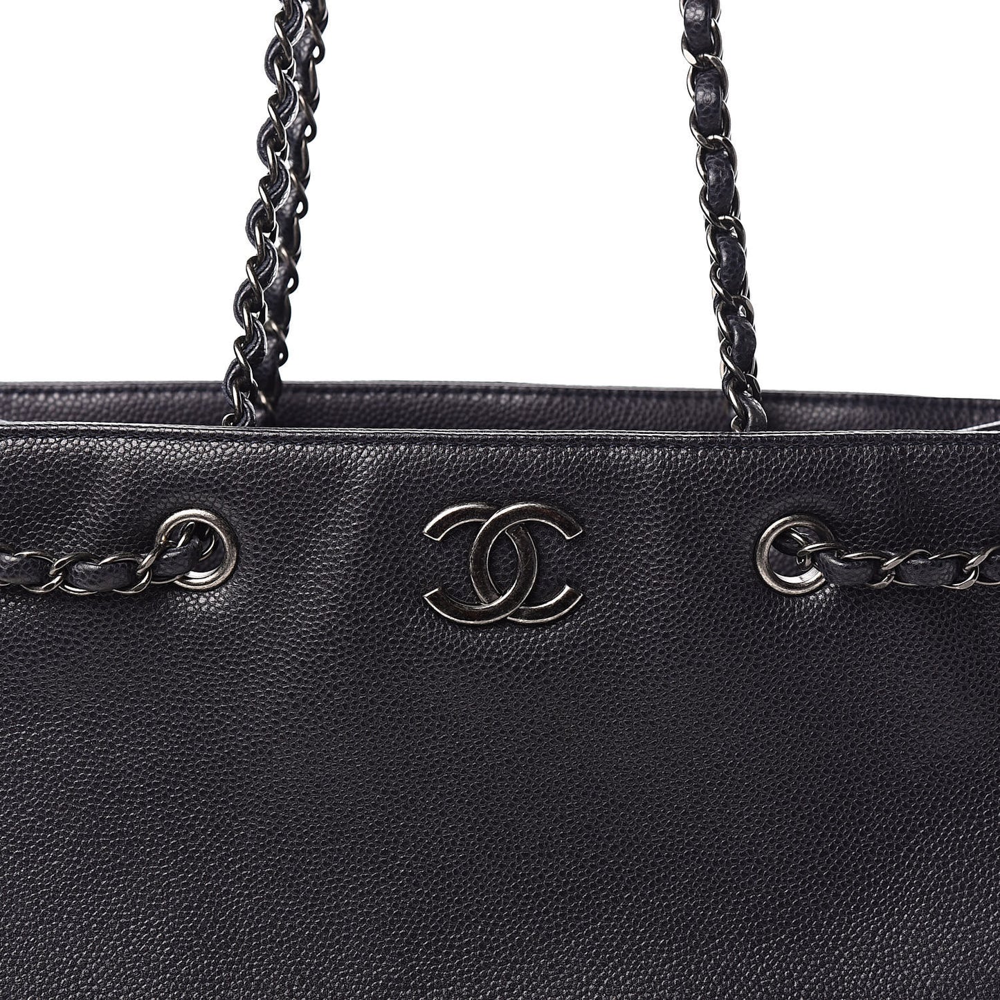 Metallic Grained Calfskin Woven Chain Medium Shopping Tote Dark Navy