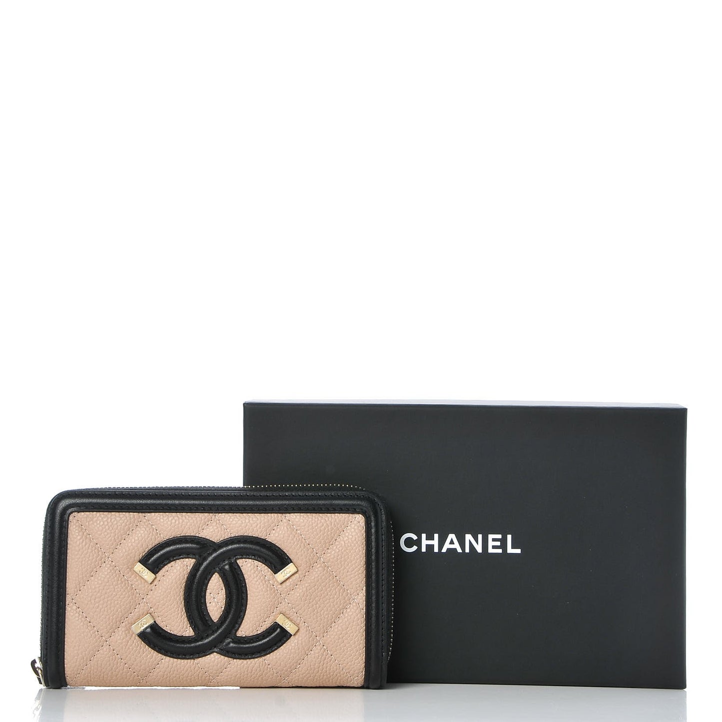 Caviar Quilted Small Filigree Zip Around Wallet Beige Black