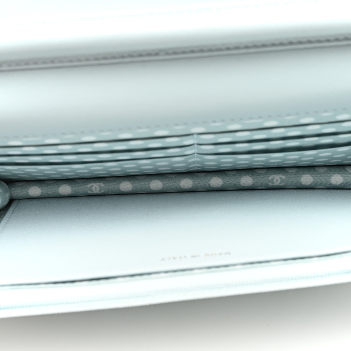 Lambskin Quilted Pearl CC Wallet on Chain WOC Light Blue