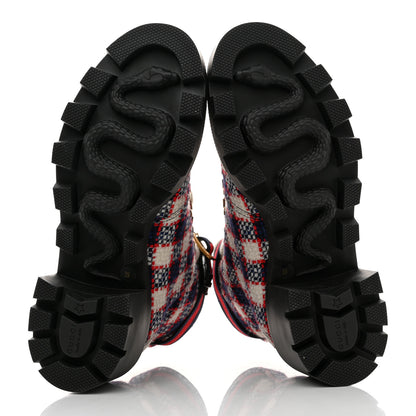 Gucci Vintage Tweed Check Lace Up Combat Ankle Boots 39 White Hibiscus Red Marine 5 of 9