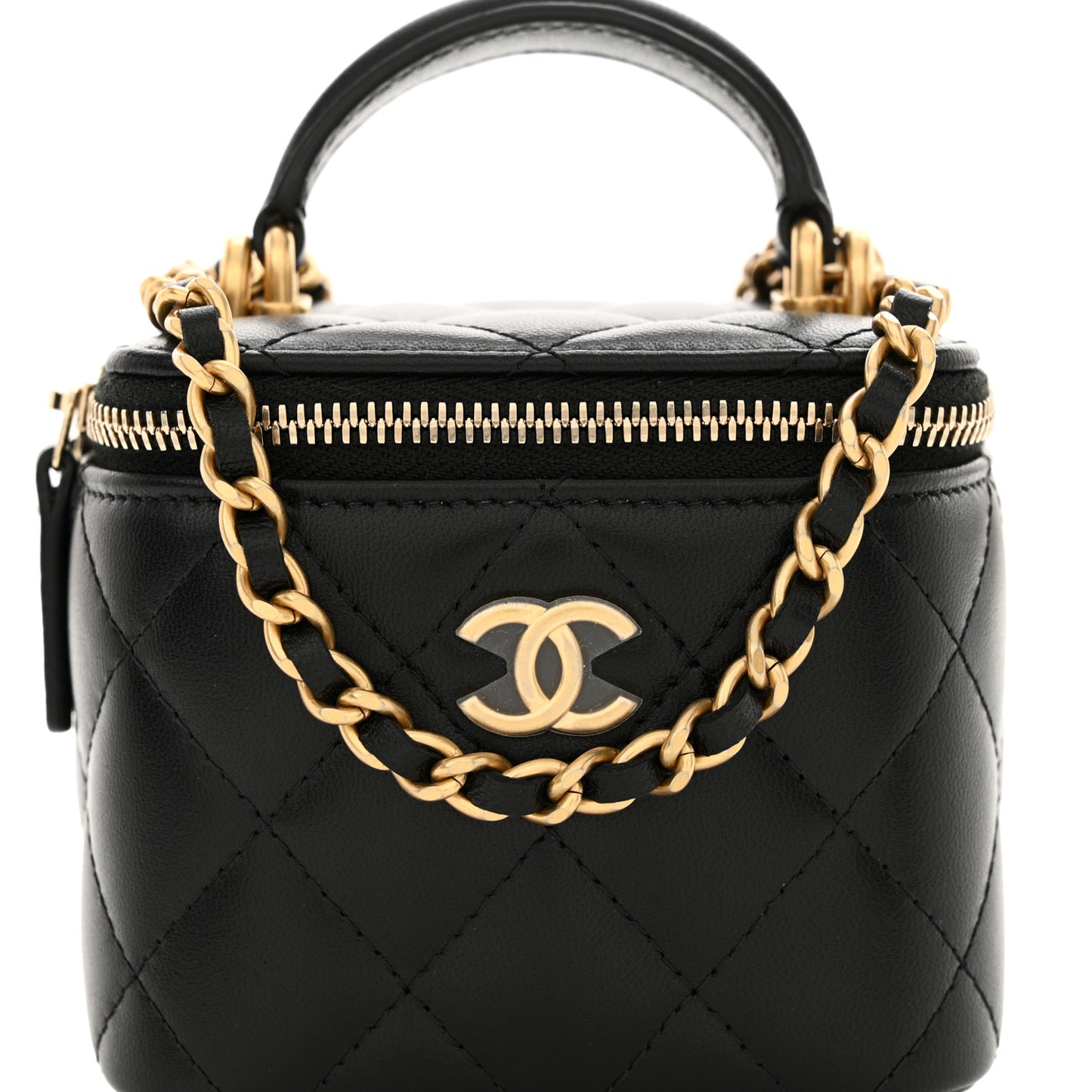 Lambskin Quilted Top Handle Mini Vanity Case With Chain Black