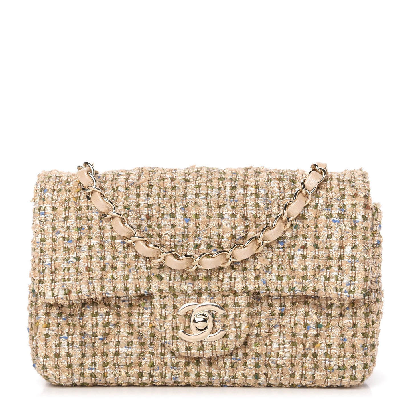 Tweed Quilted Mini Rectangular Flap Beige