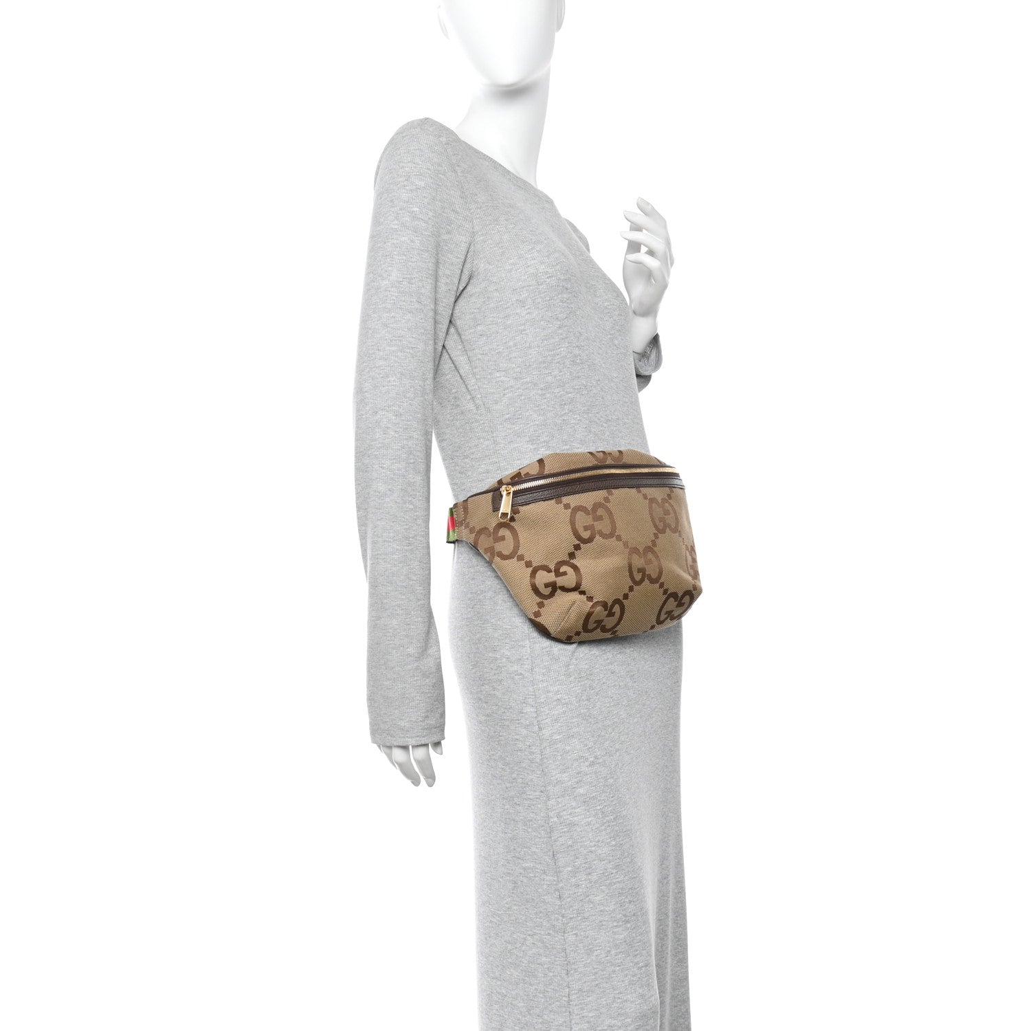 Gucci Monogram Jumbo GG Textured Dollar Calfskin Web Belt Bag Camel Ebony New Acero 2 of 10