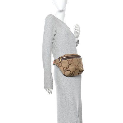 Gucci Monogram Jumbo GG Textured Dollar Calfskin Web Belt Bag Camel Ebony New Acero 2 of 10