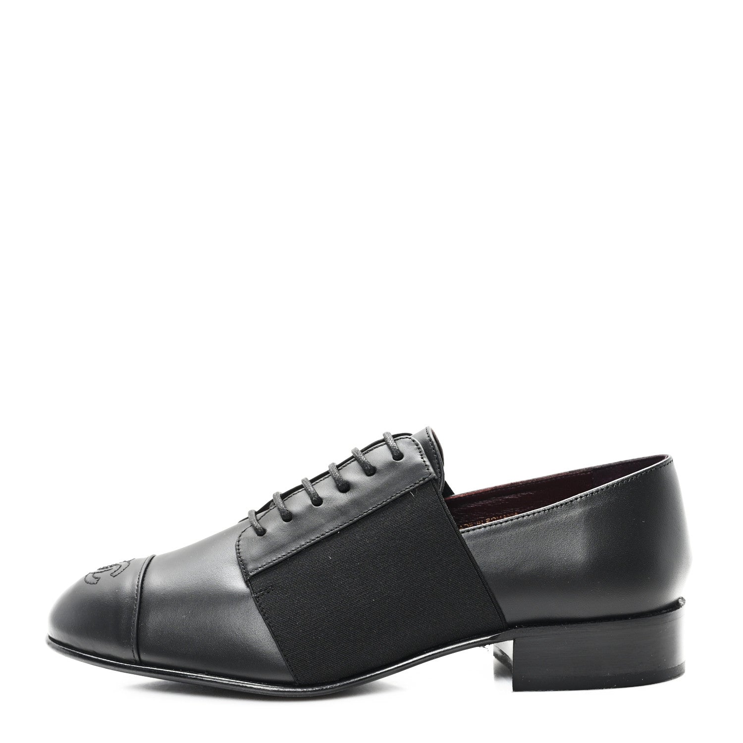 Chanel Calfskin Elastic Lace Up Cap Toe CC Loafers 36.5 Black 1 of 9
