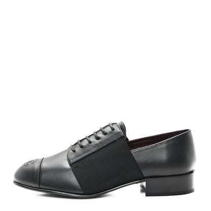 Chanel Calfskin Elastic Lace Up Cap Toe CC Loafers 36.5 Black 1 of 9