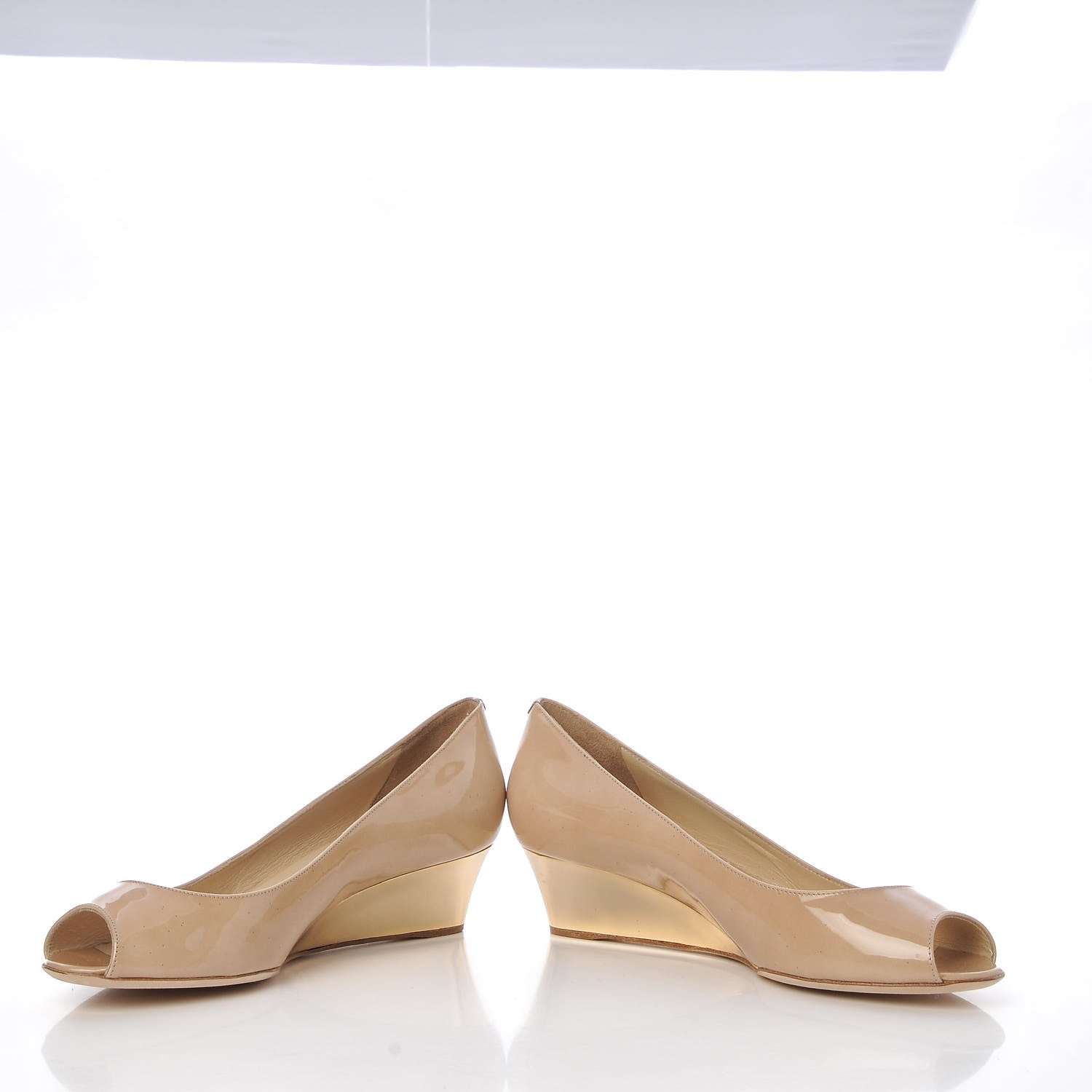 Jimmy Choo Patent Bergen Peep Toe Low Wedge Pumps 38.5 Beige 5 of 12