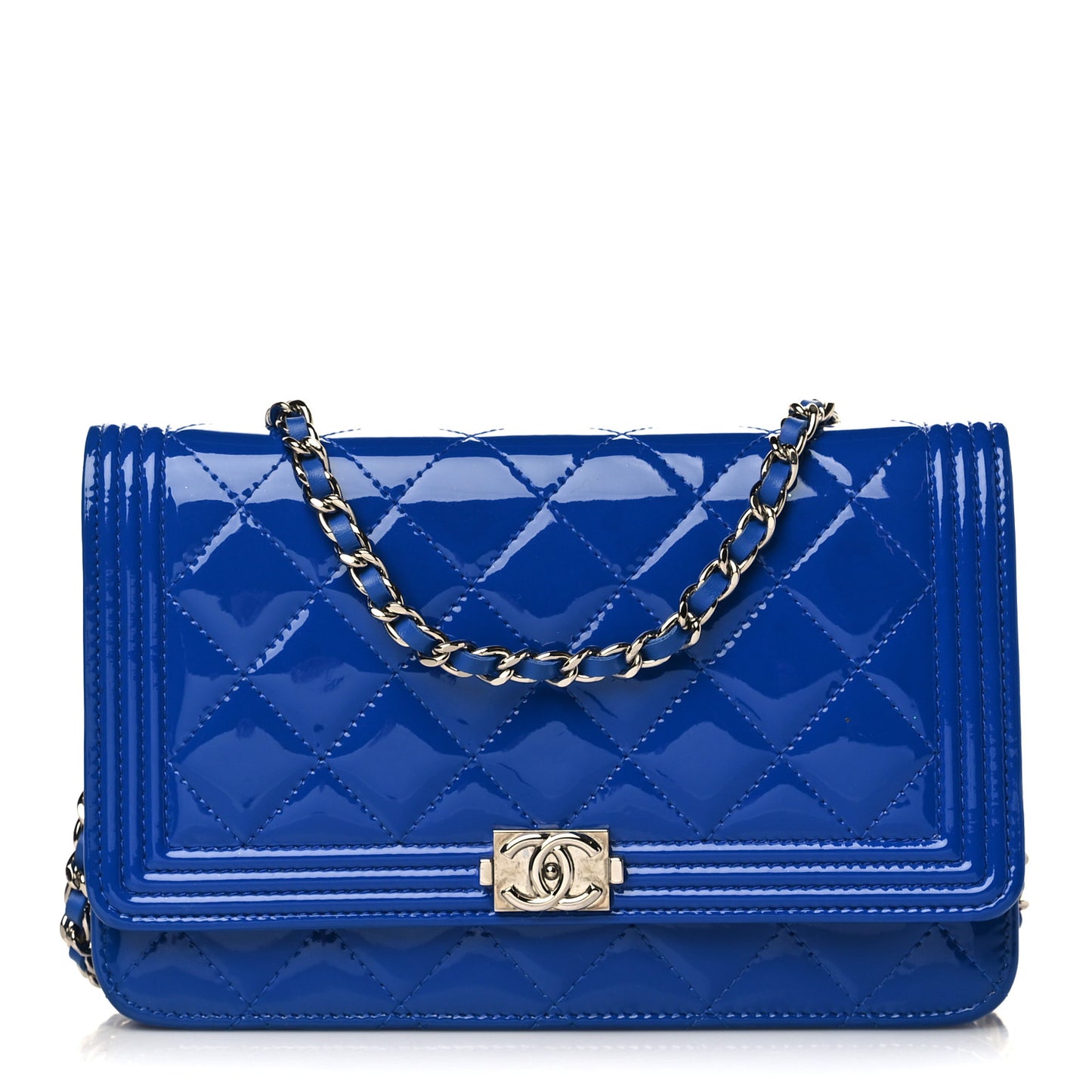 Patent Calfskin Quilted Boy Wallet On Chain WOC Dark Blue