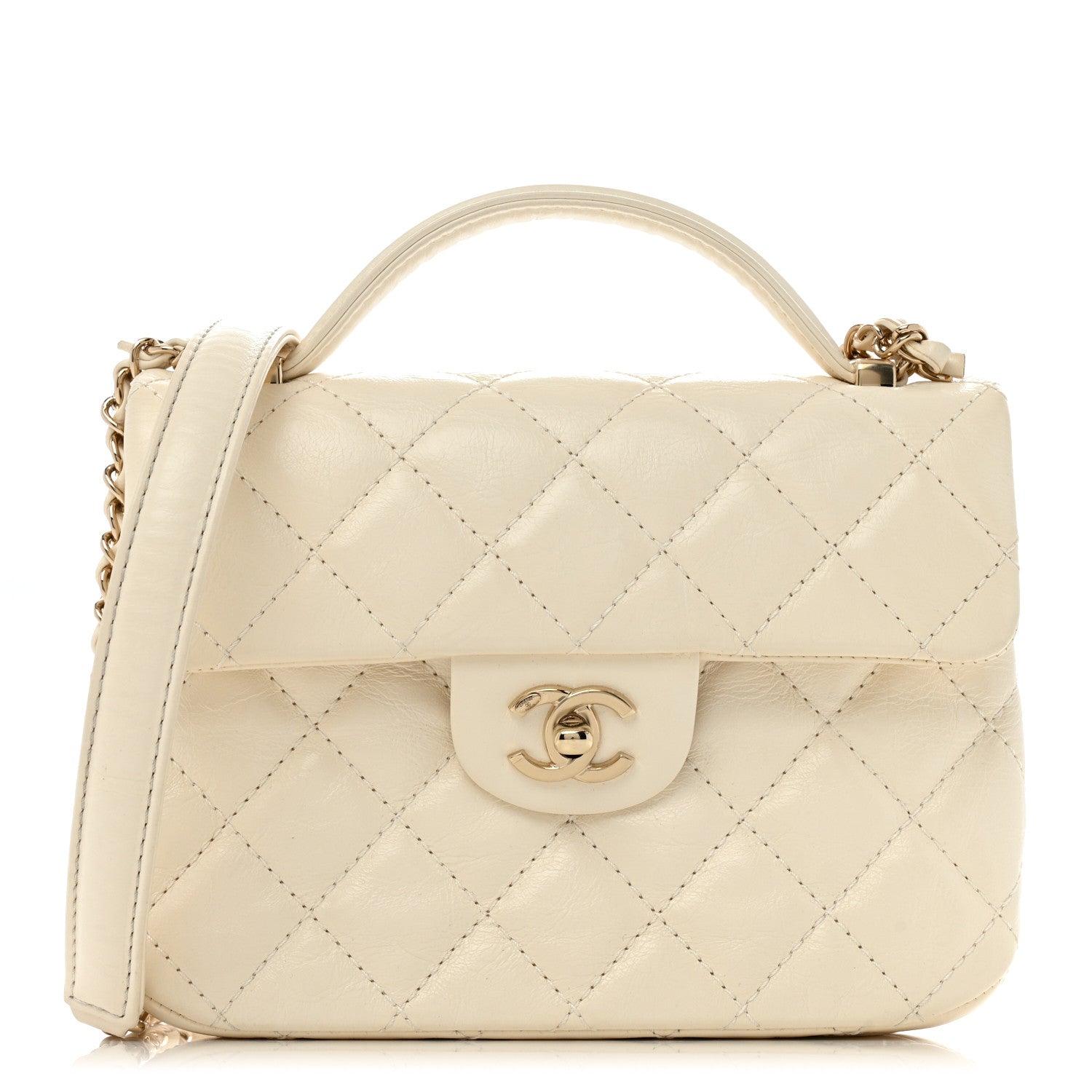 Chanel Shiny Crumpled Calfskin Quilted Top Handle Flap White 1 of 14