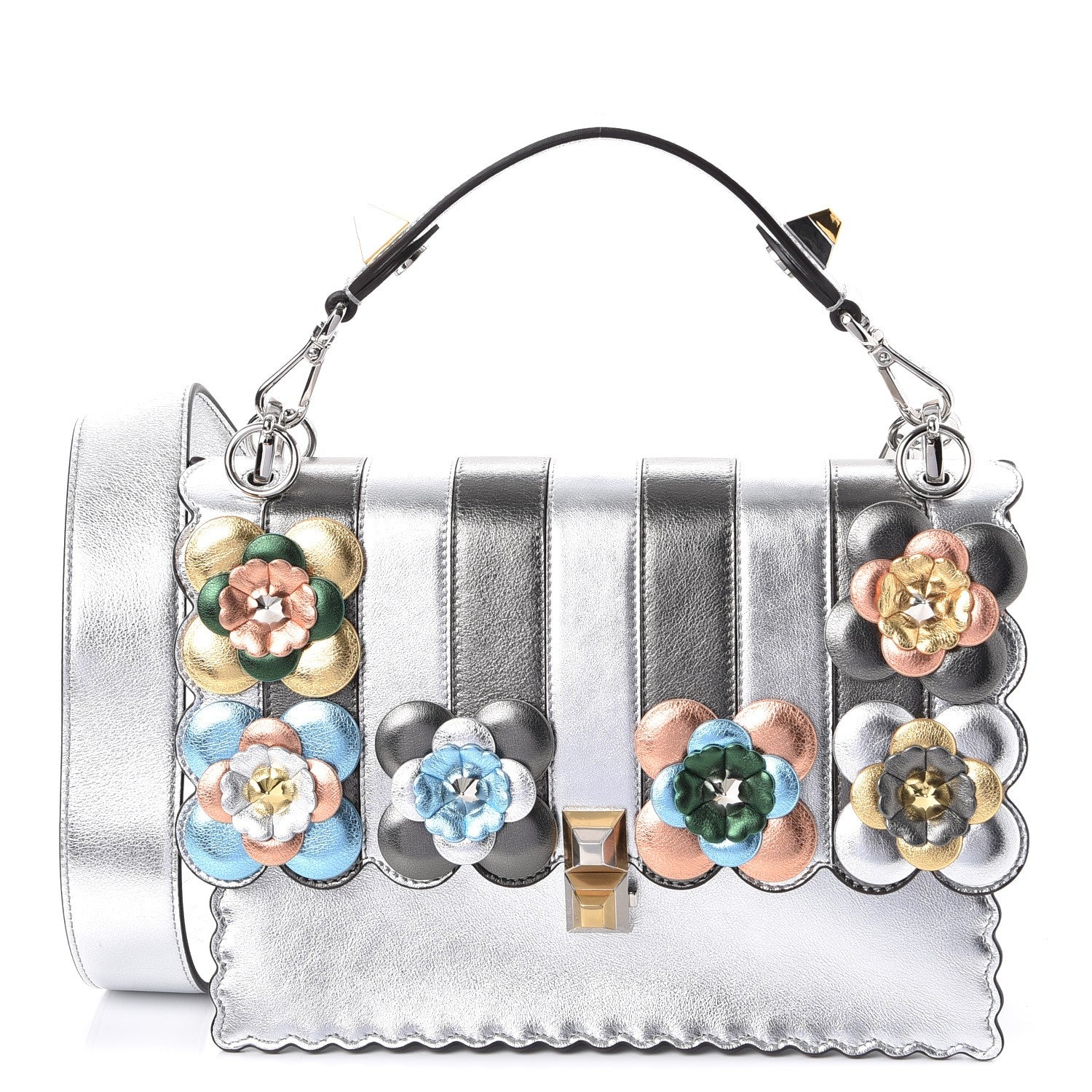 Fendi Metallic Calfskin Flowerland Scalloped Studded Pequin Kan I Shoulder Bag Argento 1 of 10