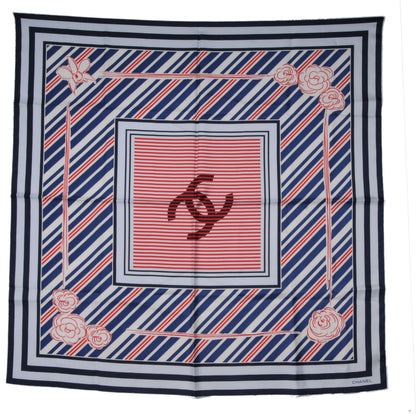Chanel Silk Camellia Stripe CC Scarf Blue 2 of 5