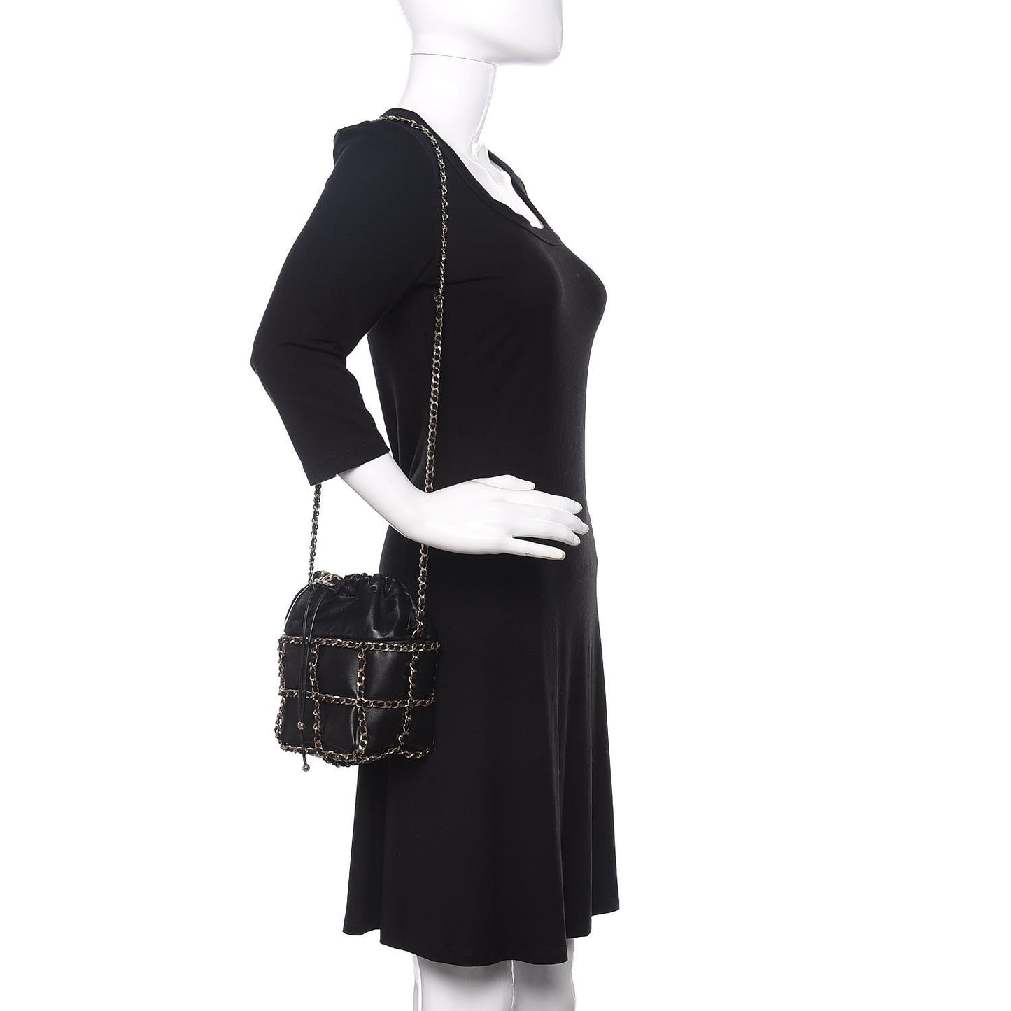 Lambskin Bucket Chain Drawstring Bag Black