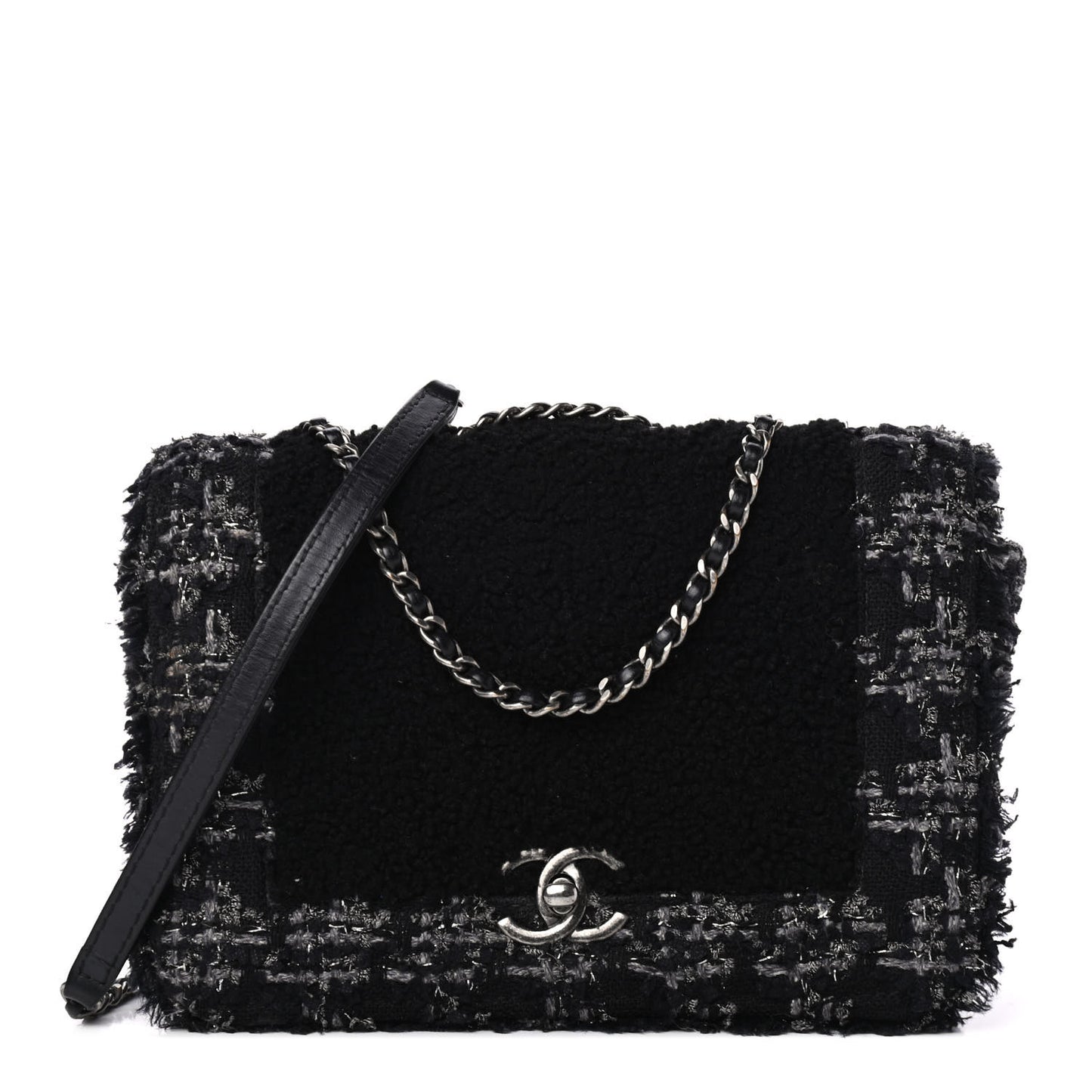 Shearling Tweed Medium Boy Flap Black Grey