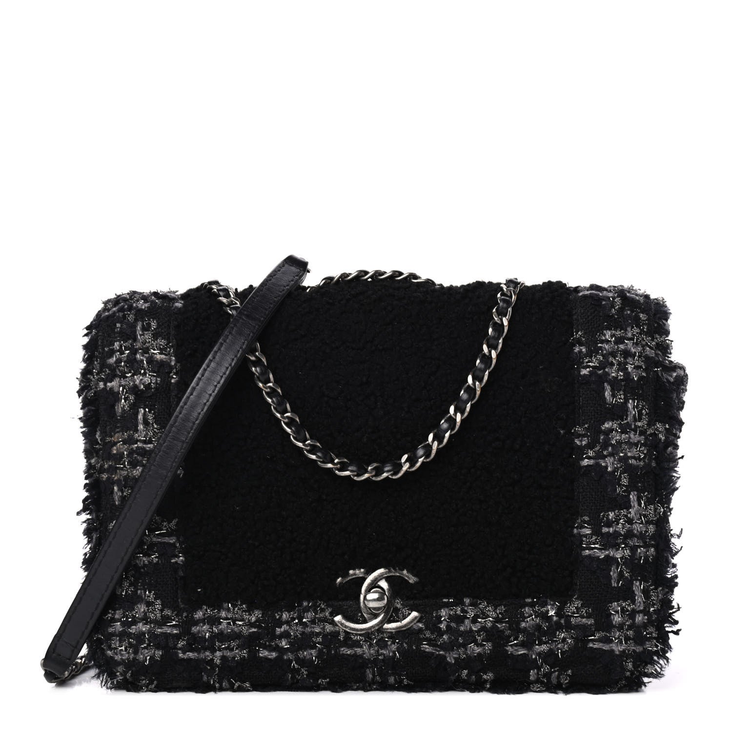 Chanel Shearling Tweed Medium Boy Flap Black Grey 1 of 9