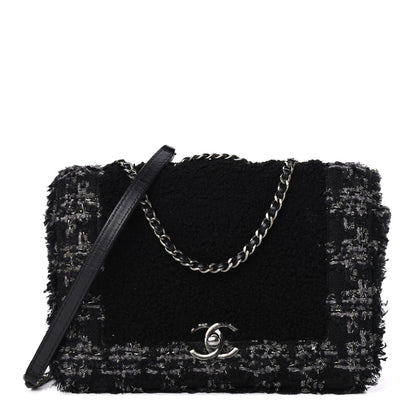 Chanel Shearling Tweed Medium Boy Flap Black Grey 1 of 9