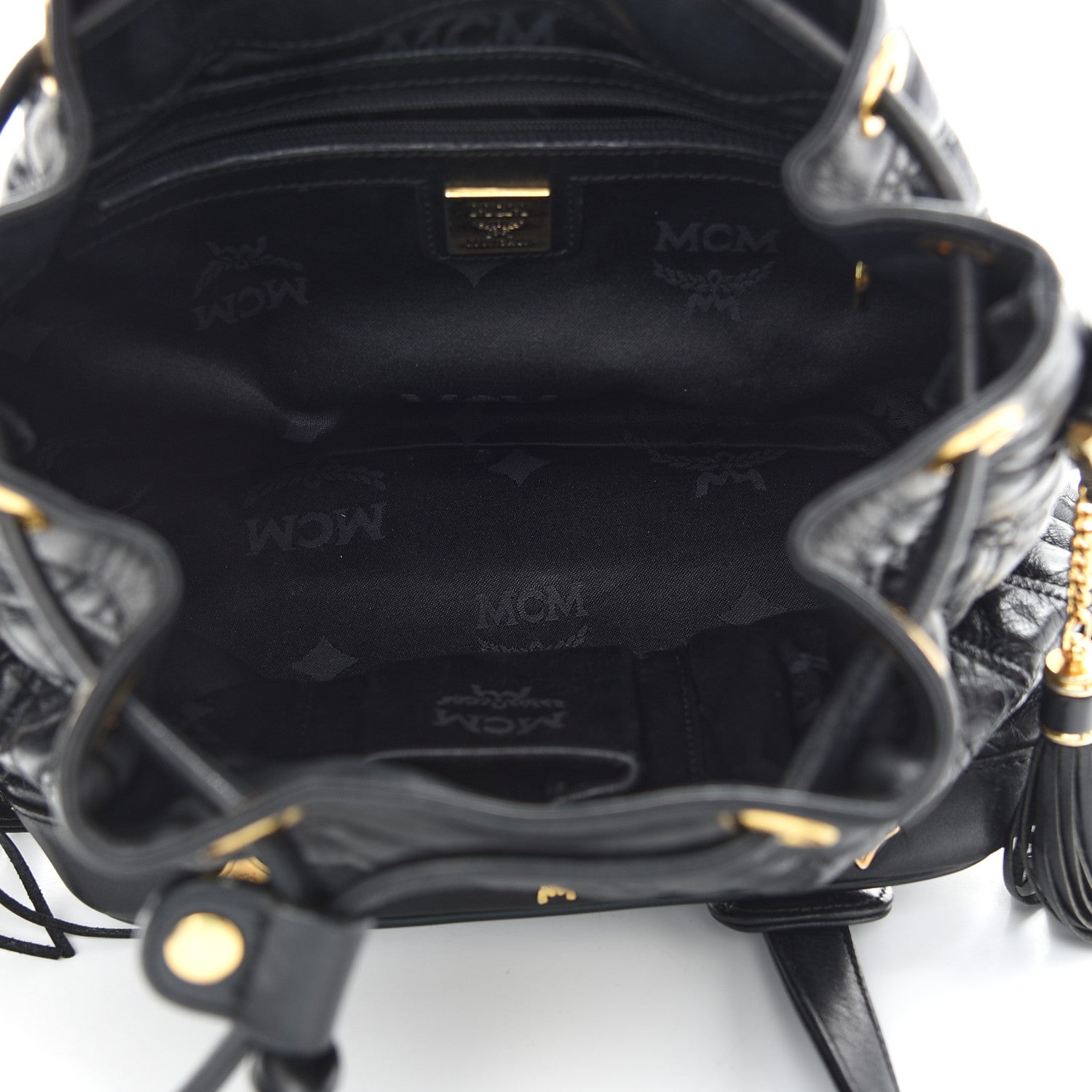 MCM Calfskin Quilted Studded Bucket Bag Black 5 of 9