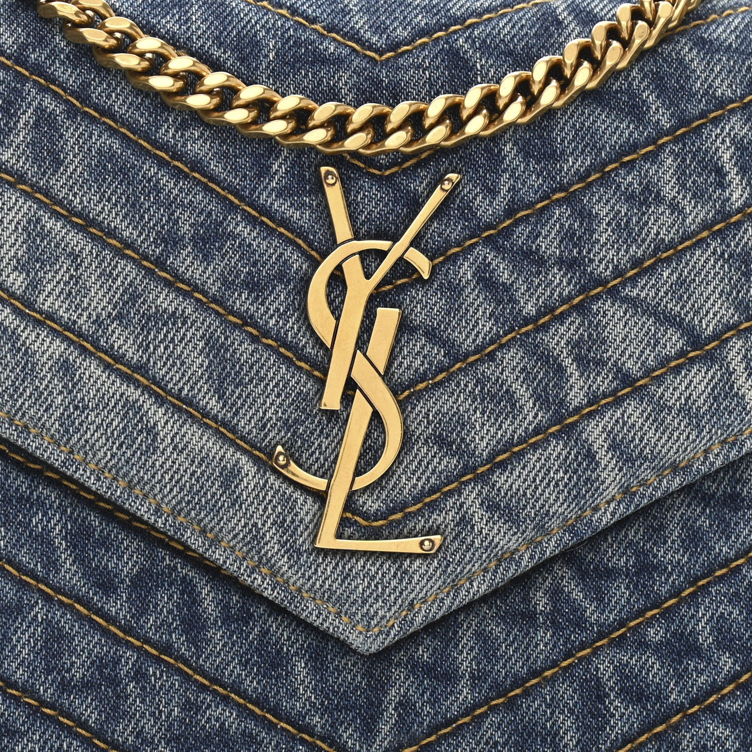 Saint Laurent Denim Matelasse Chevron Monogram Chain Wallet Blue Jeans 8 of 10